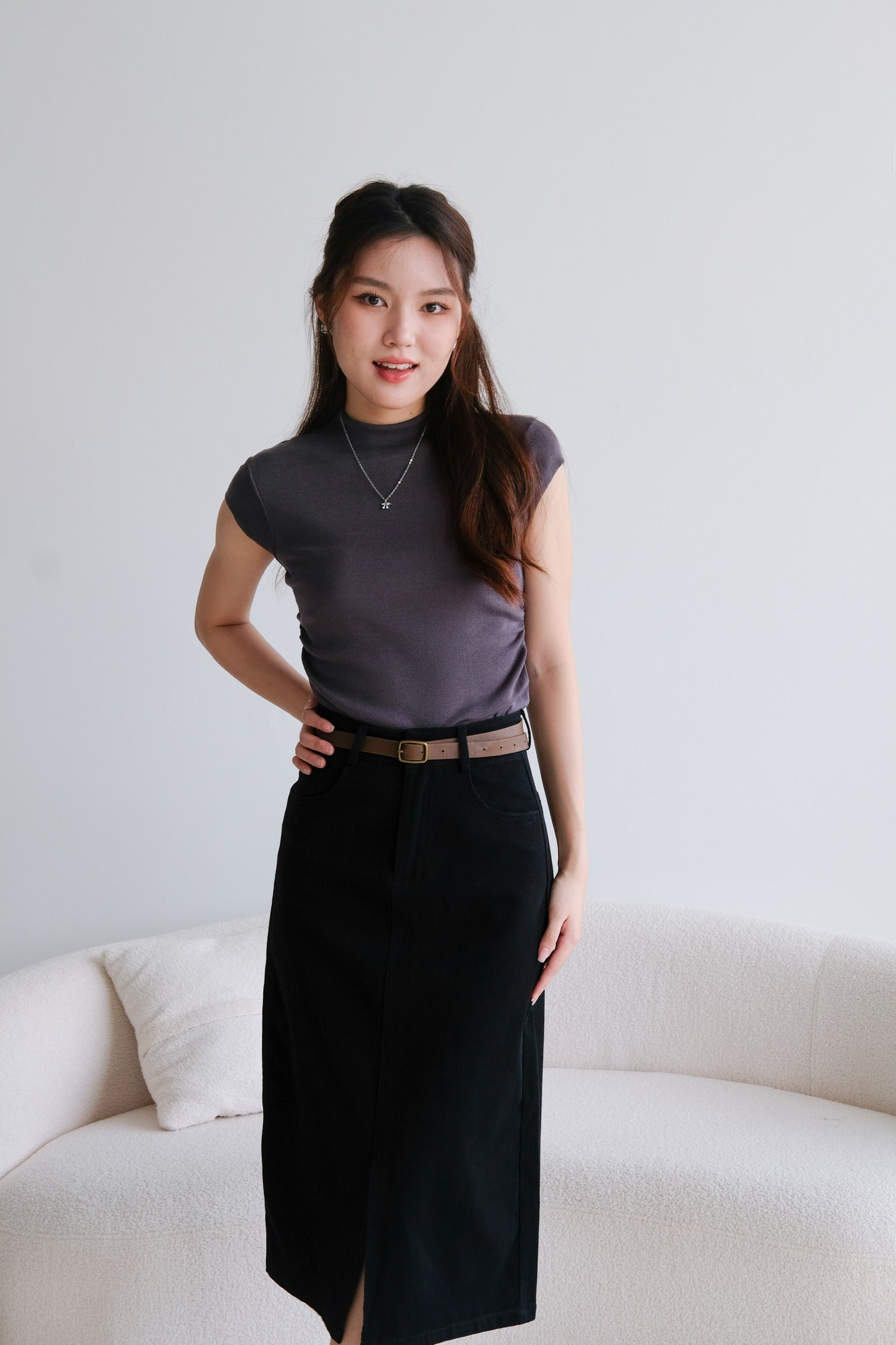 Rhea Belt Column Midi Skirt (Black)