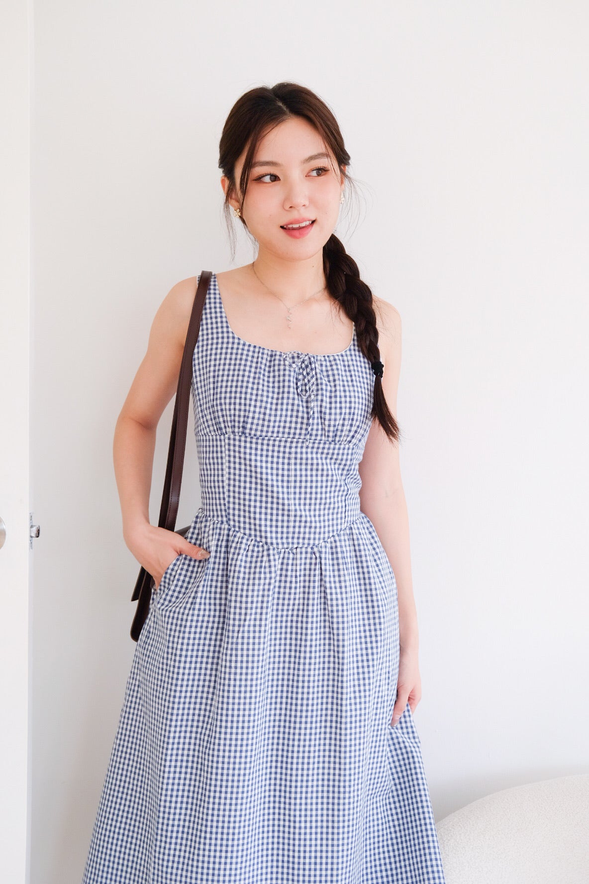 Carmie Thick Waist Midi Dress (Blue Plaid)