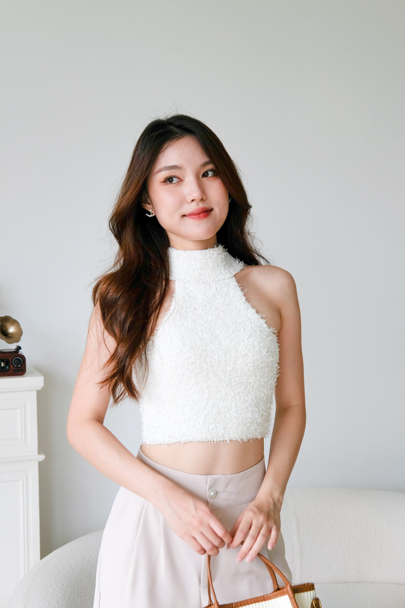 Hana Halter Tweed Crop (Pearl White)