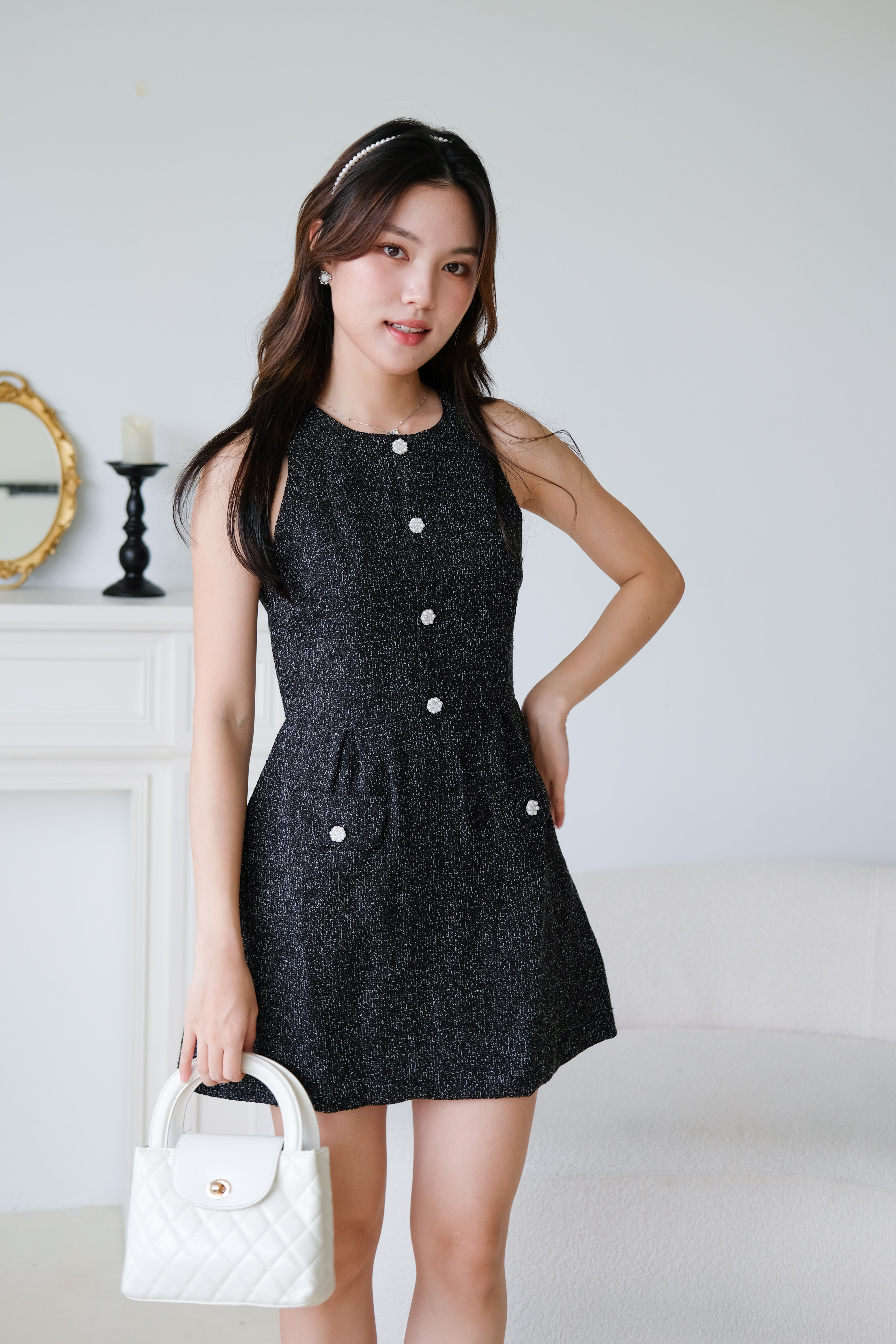Pearly Tweed Halter Dress (Black)