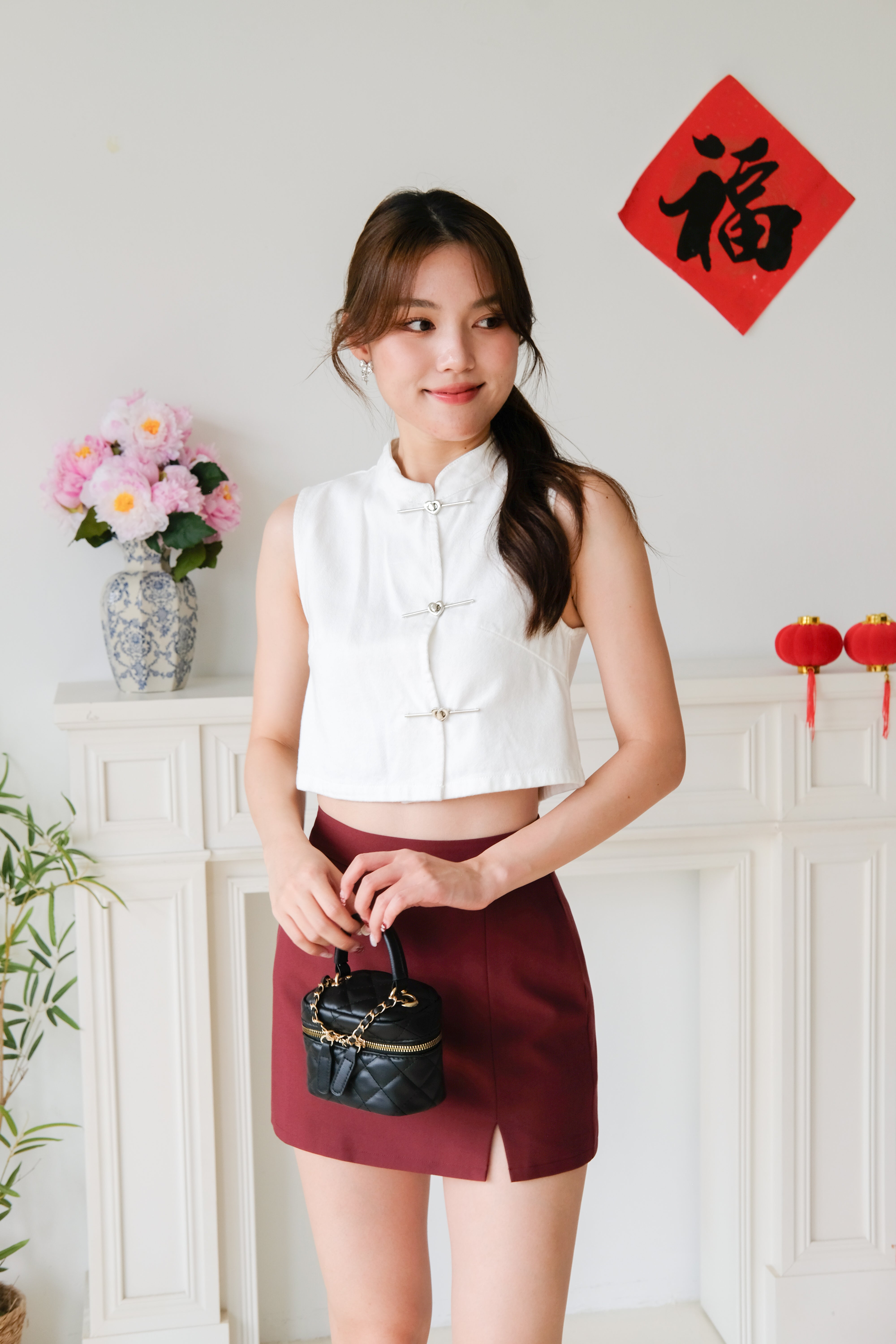 Andrea Denim Cheongsam Crop (White)