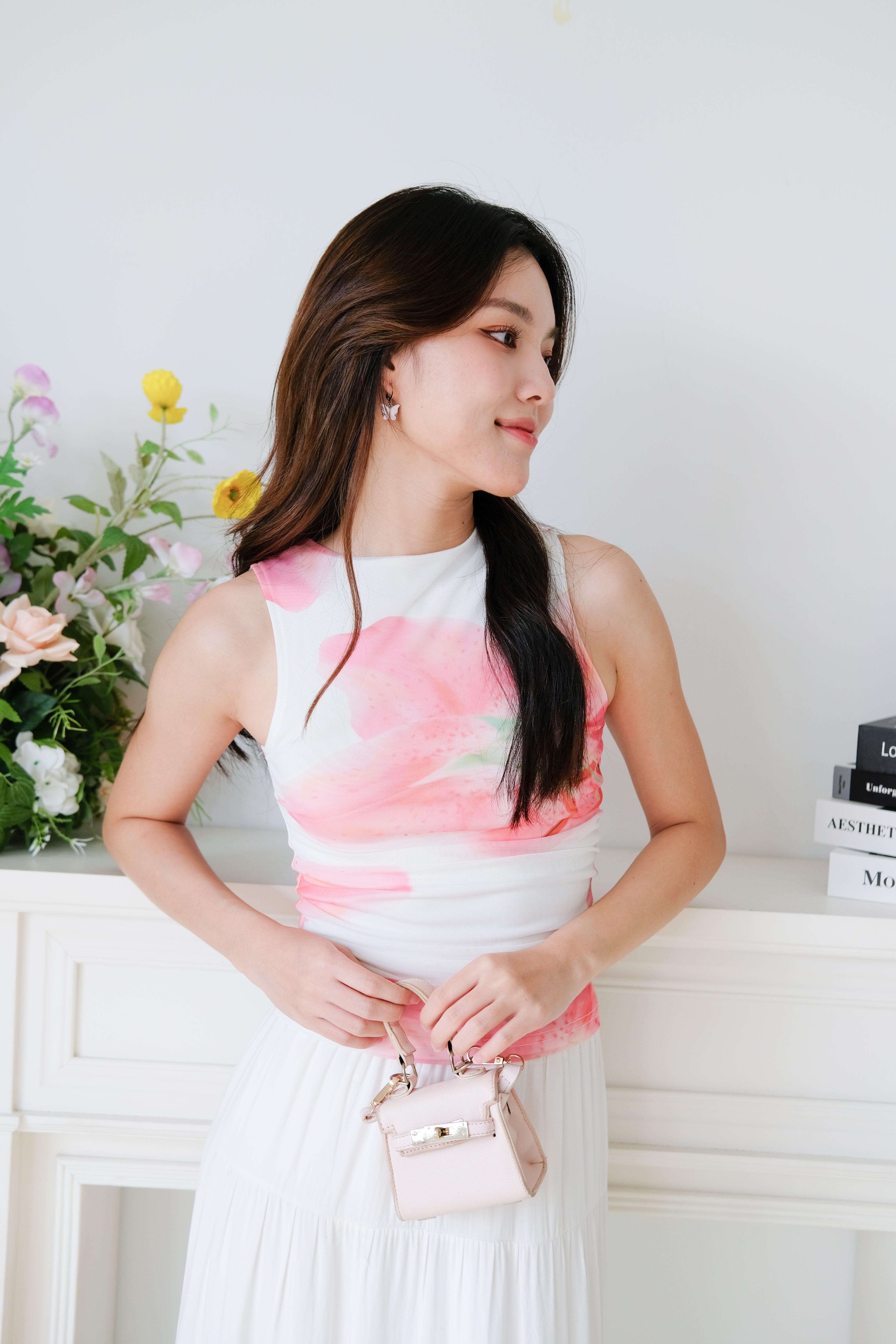 Lilo Abstract Floral Mesh Top (Pink Flower)