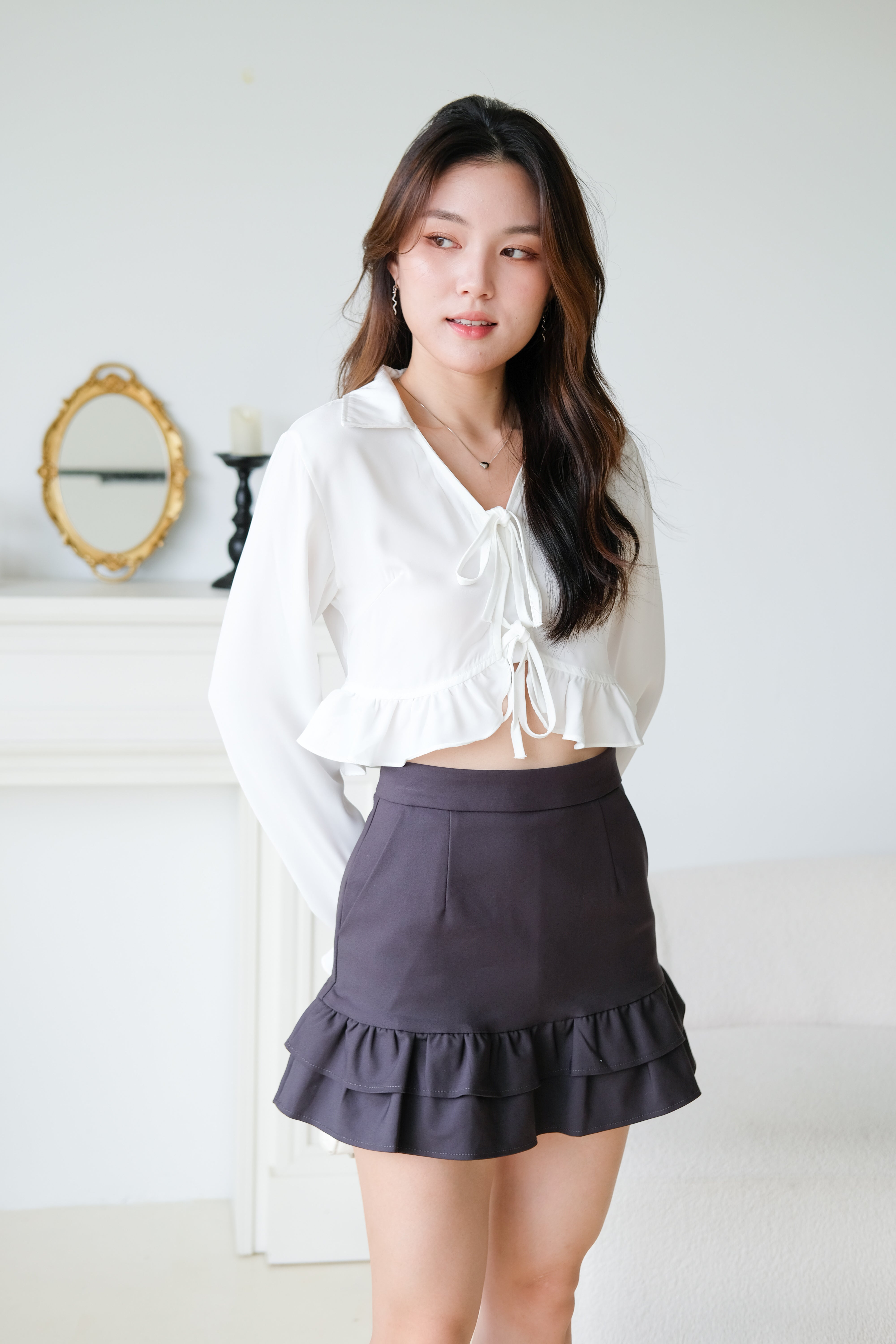 Nikki Ribbon Ruffle Sleeved Crop Top (White)