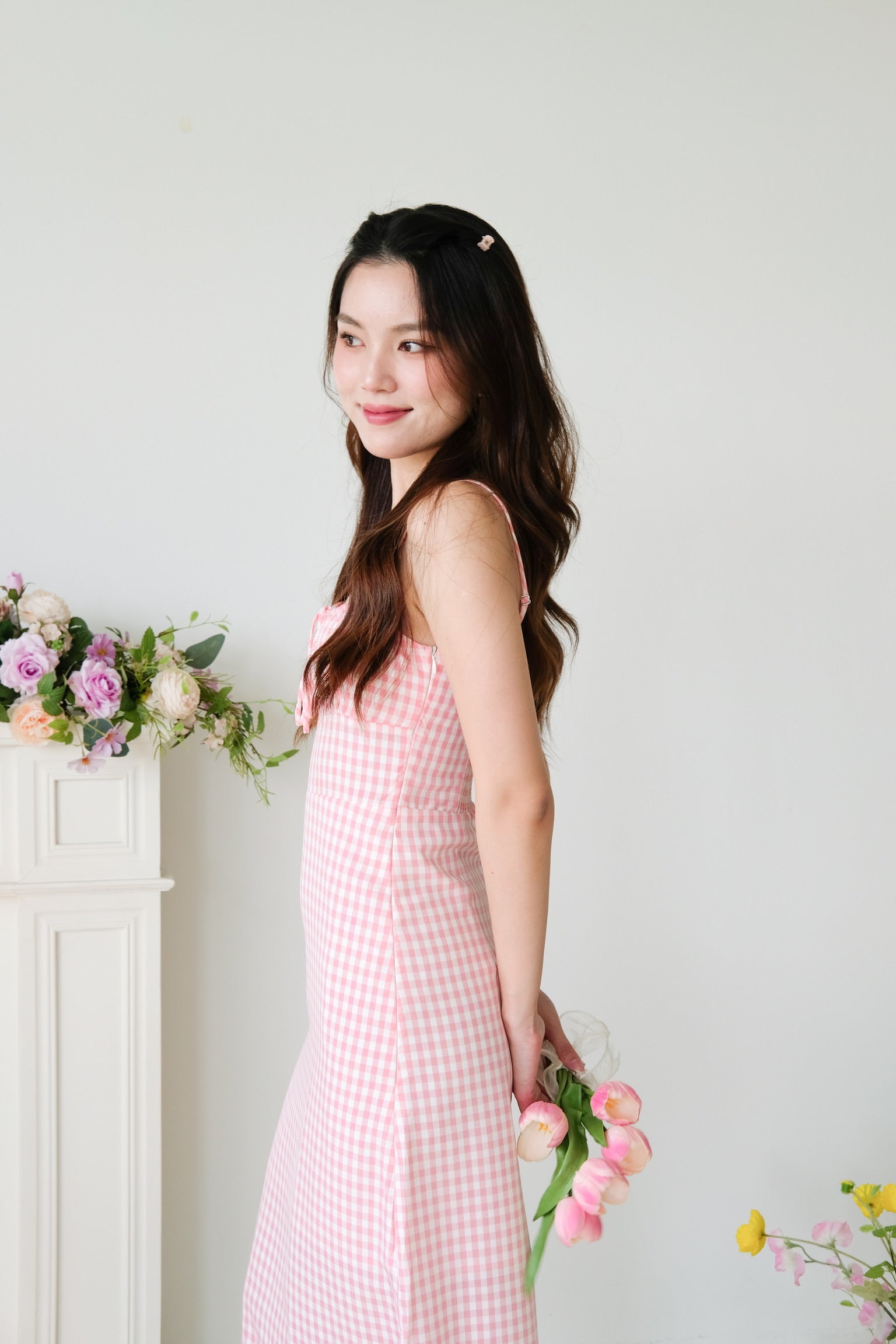 Veronnie Ruched Plaid Midi Dress (Pink)