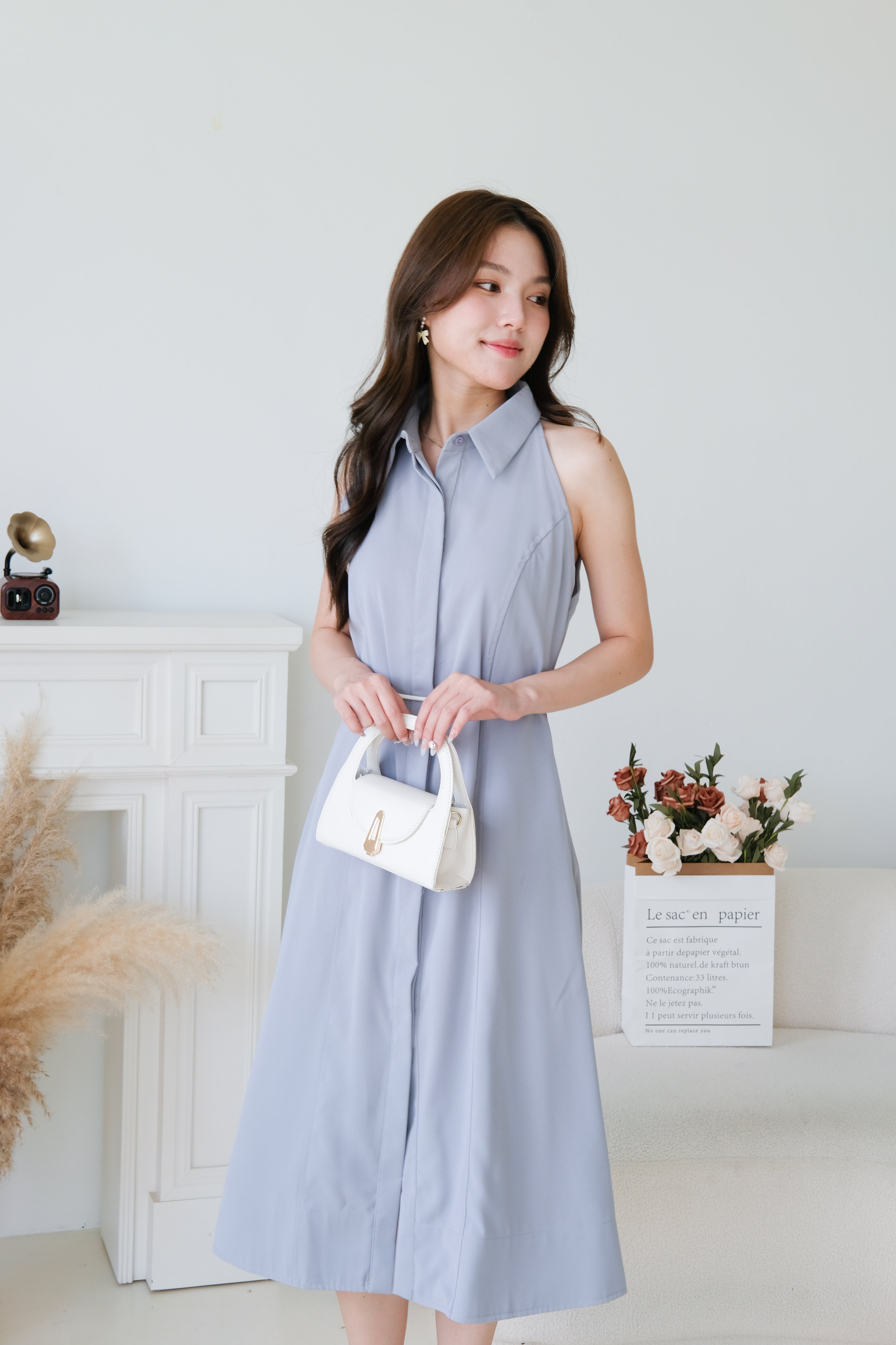 Eletta Collared A Line Dress (Dusty Blue)