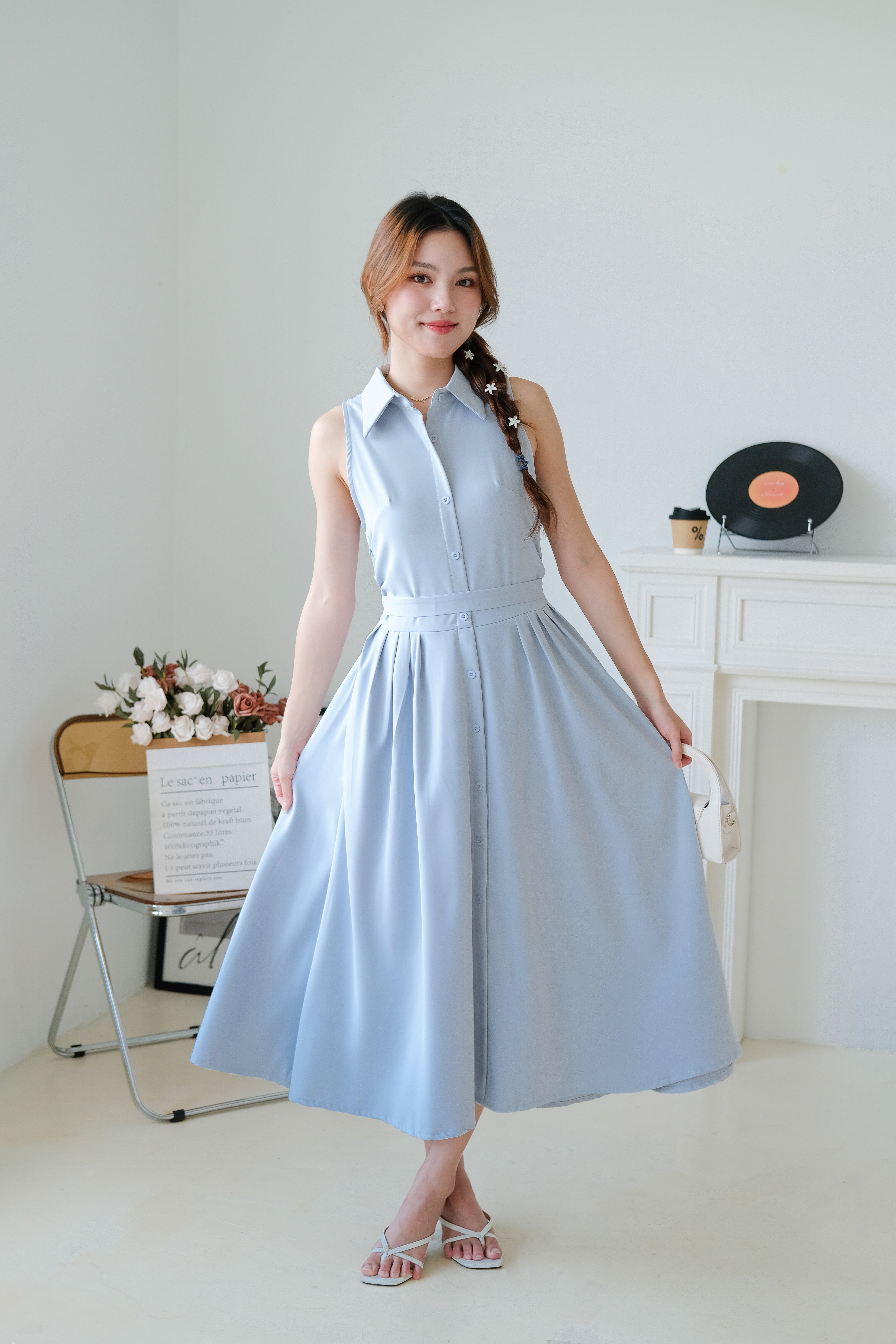 Camille Cinched Waist Collared Maxi Dress (Dusty Blue)