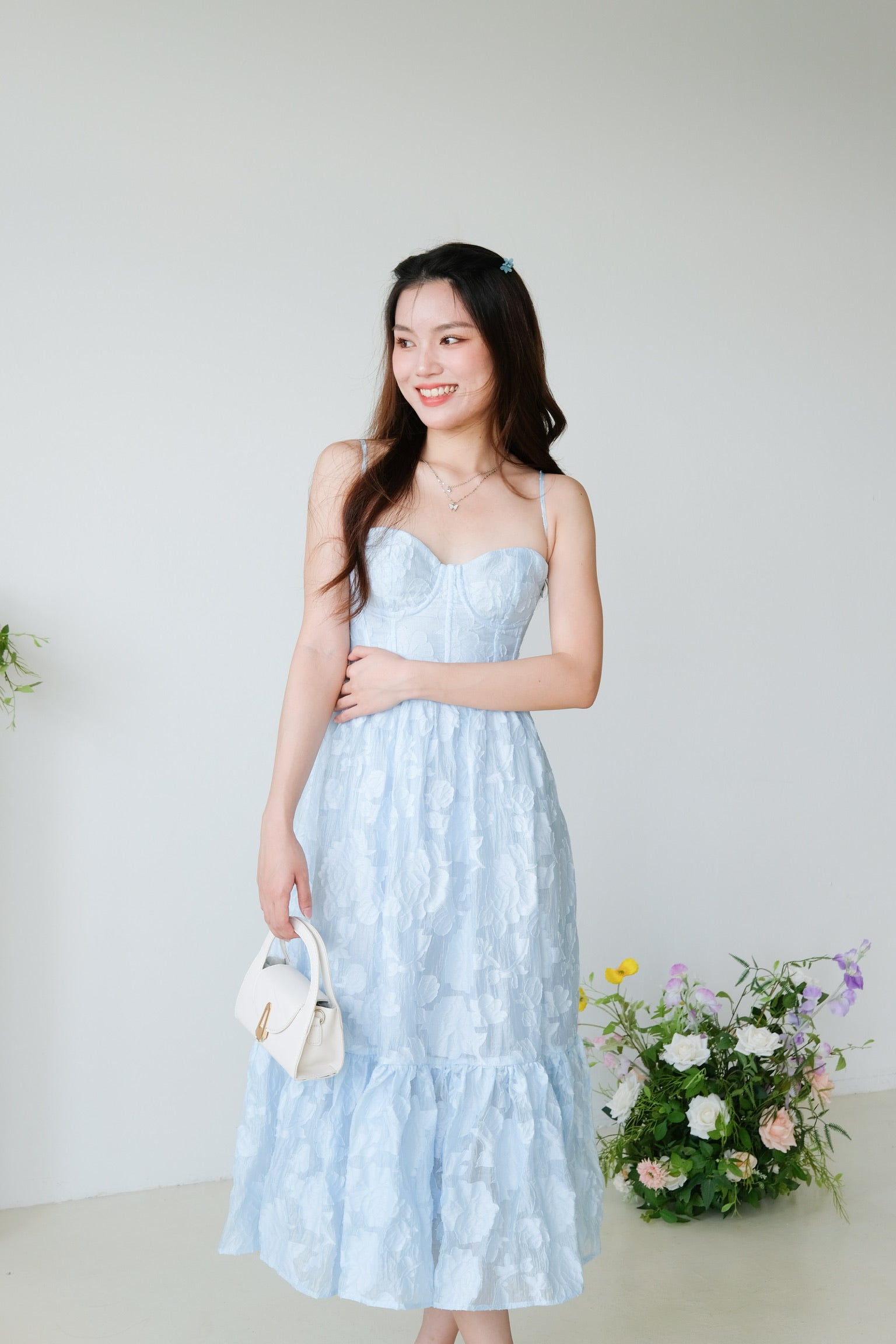 Natalia Floral Organza Midaxi Dress (Sea Blue)