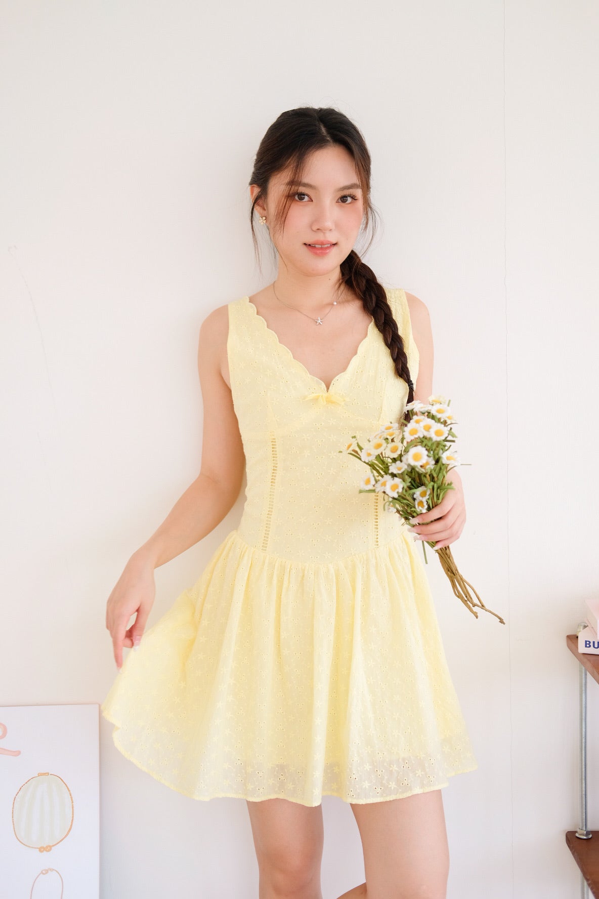 Reyna V Neck Eyelet Skater Dress (Sunshine Yellow)
