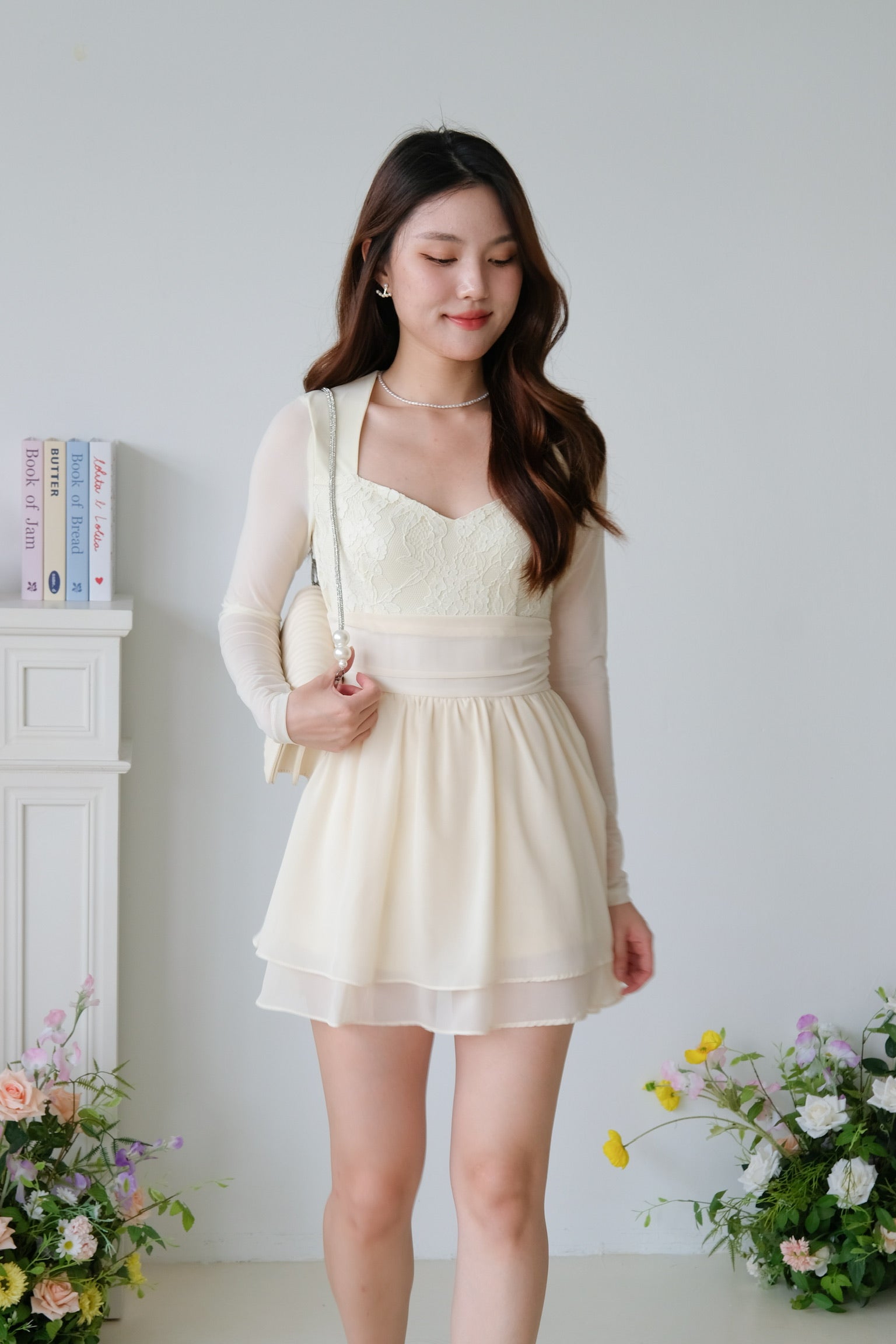 Casslene Long Sleeves Lace Dress (Pale Yellow)