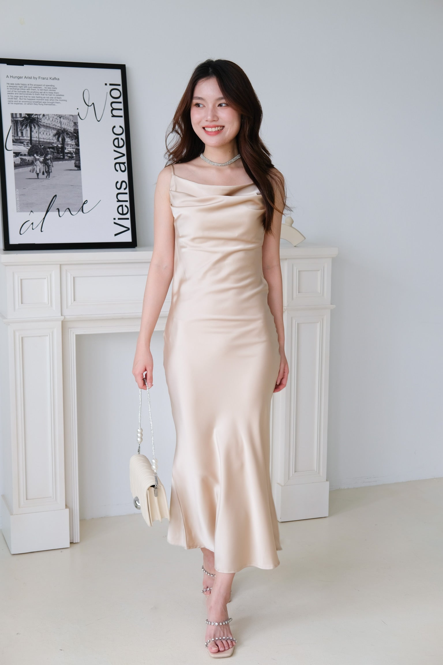 Victoria Cowl Satin Bareback Maxi Dress (Champagne)