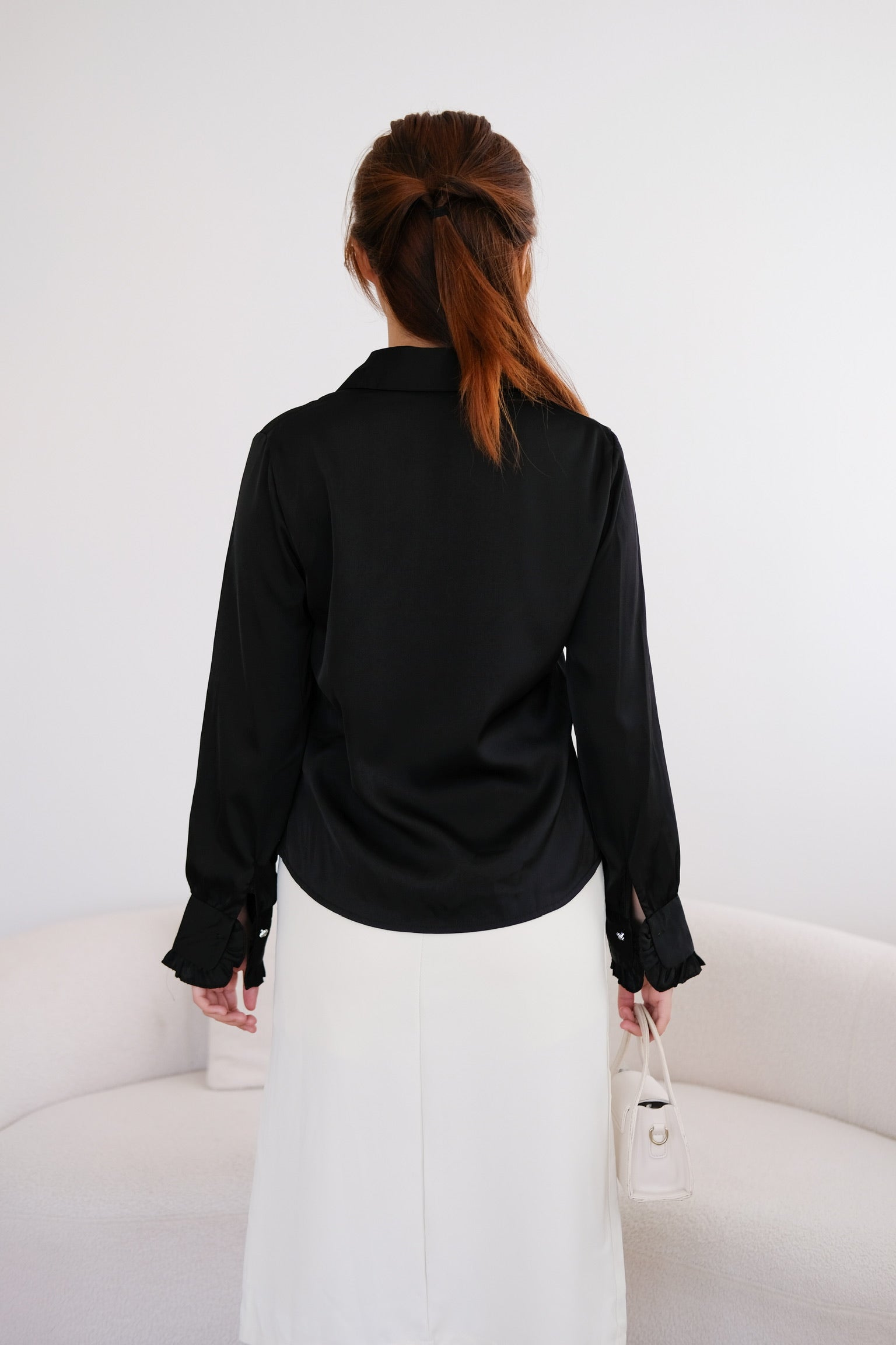 Satin Ruffle Buttons Collared Top (Black)
