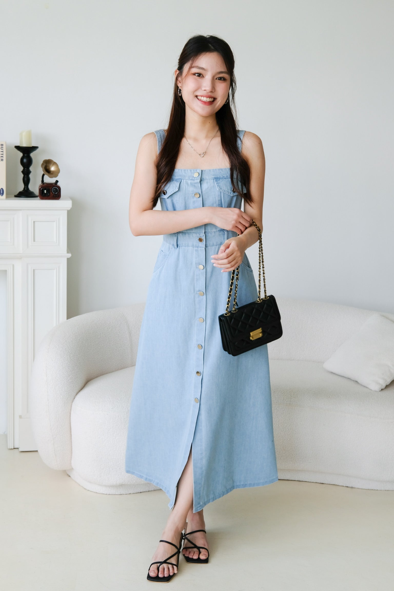 Ean Button Down Denim Maxi Dress (Light Blue)