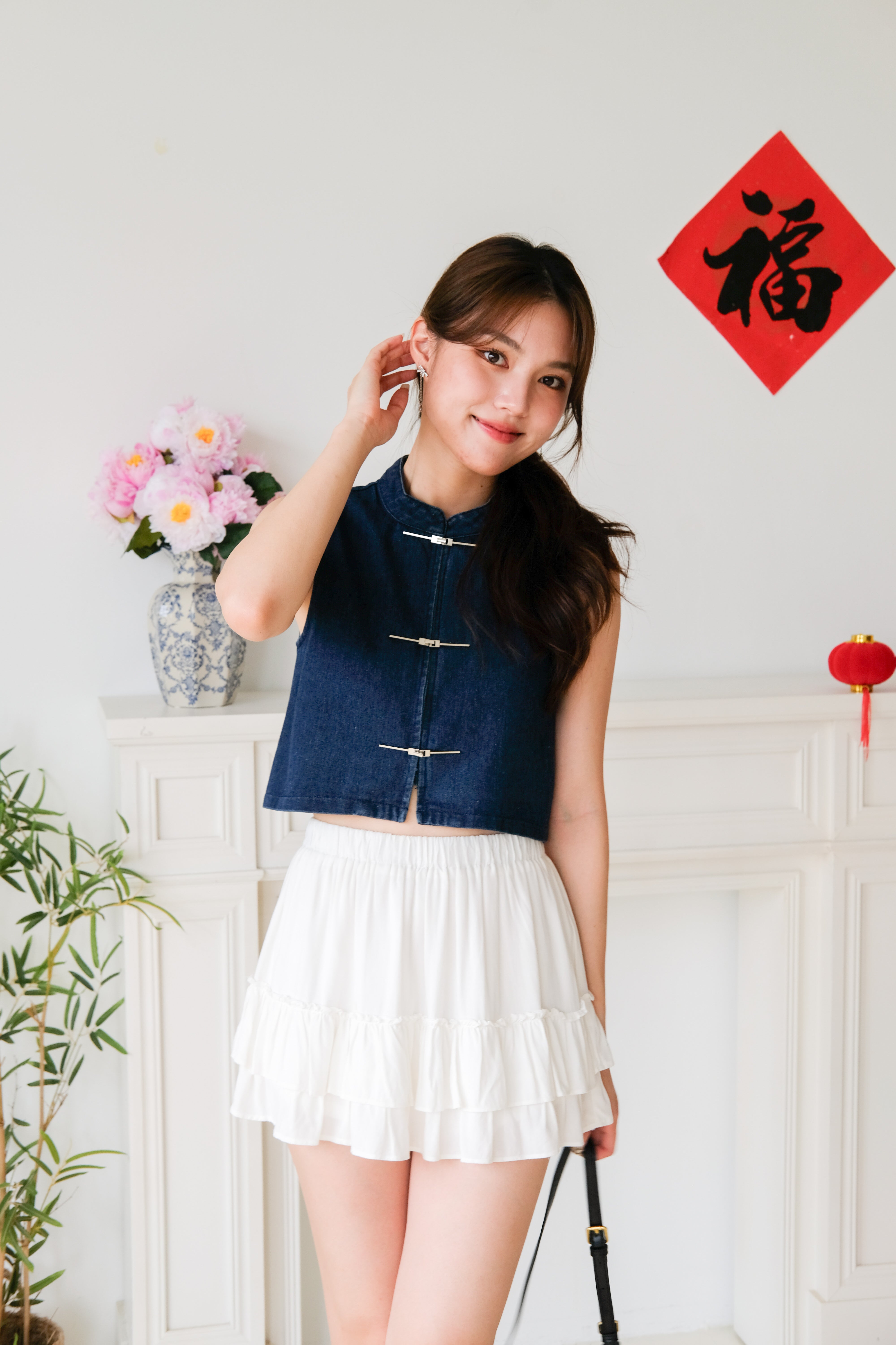 Asa Denim Cheongsam Crop (Dark Blue)
