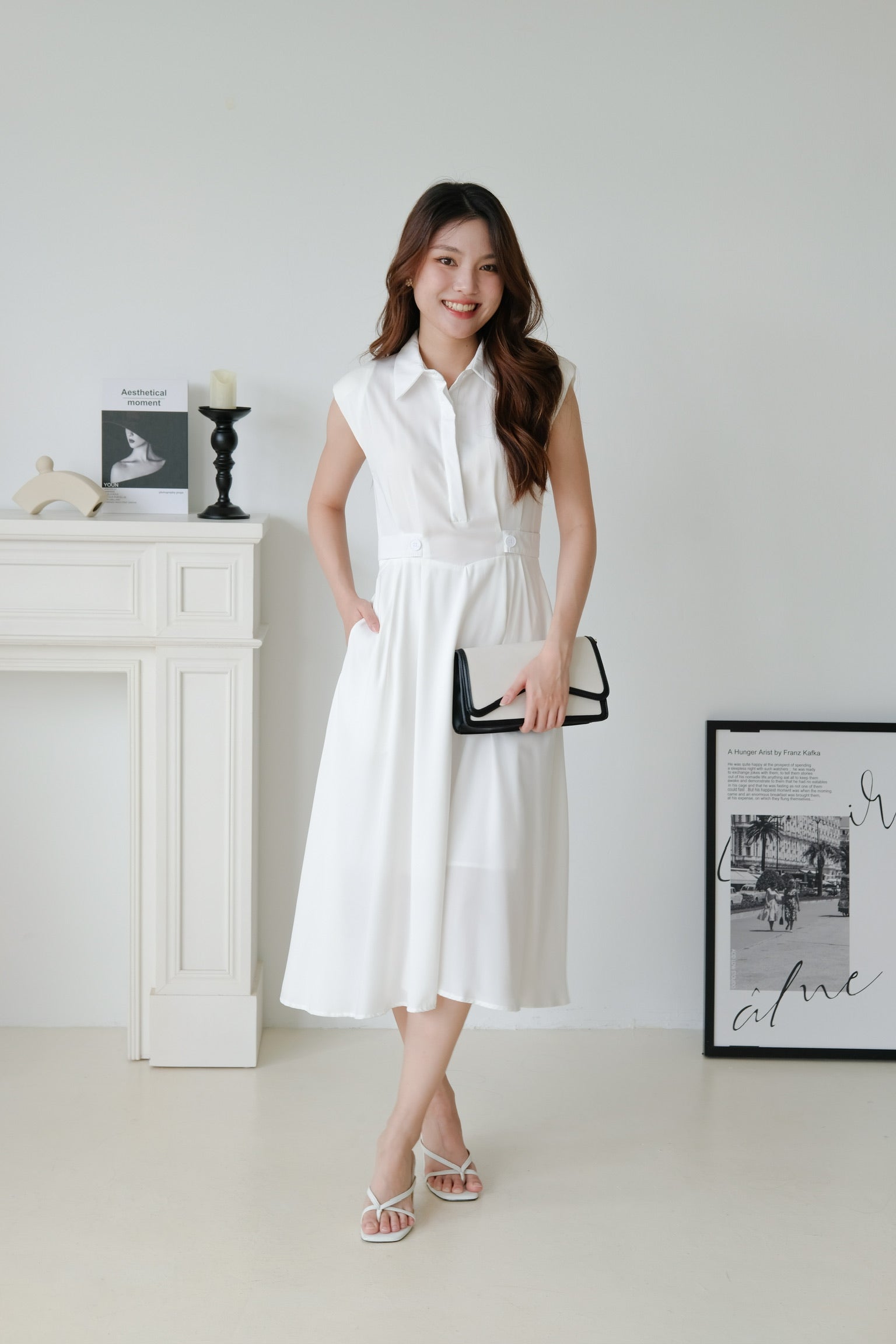 Reina Collared Midaxi Dress (White)