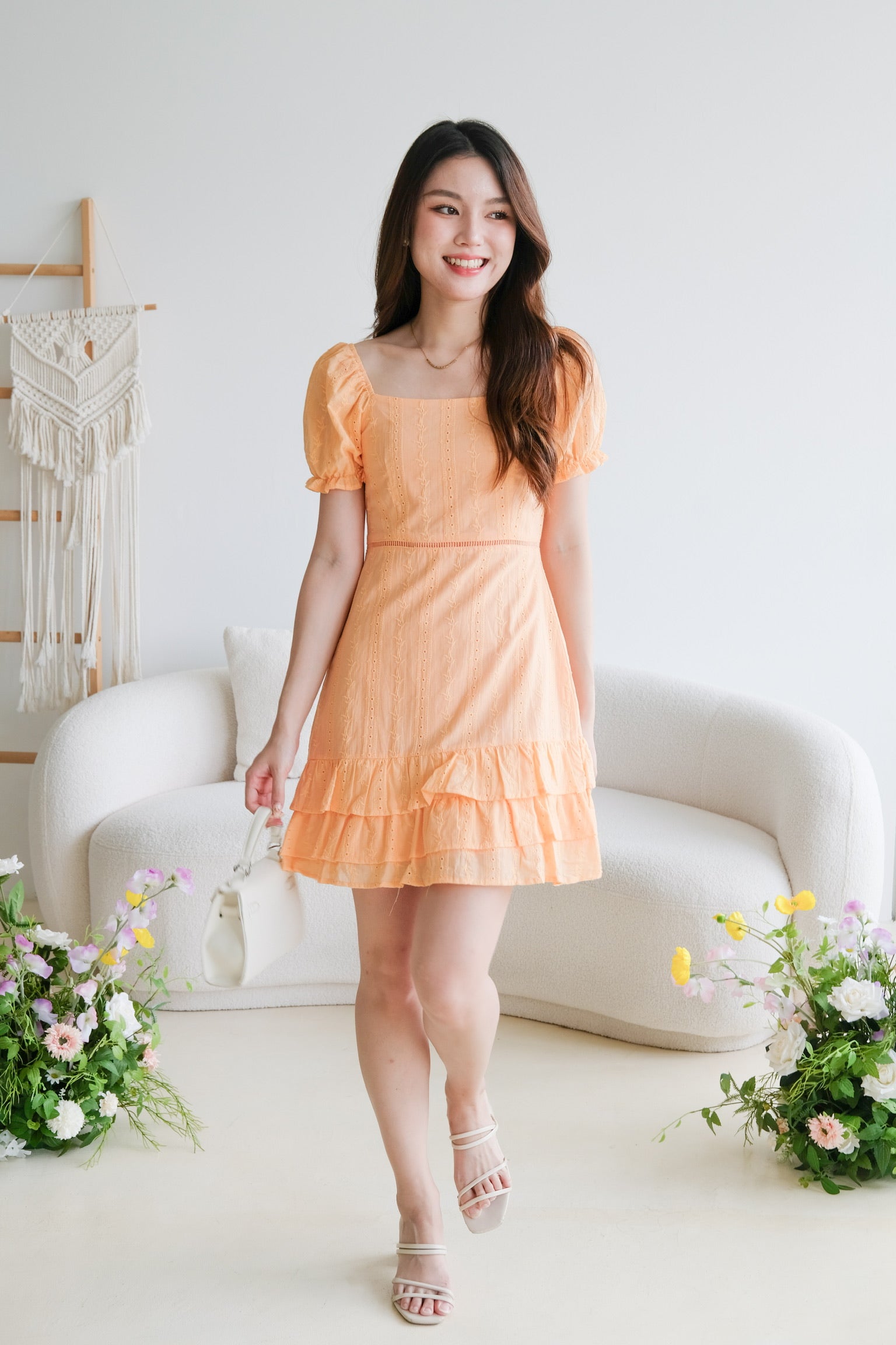 Evelyn Eyelet Ruffle Dress (Tangerine Orange)