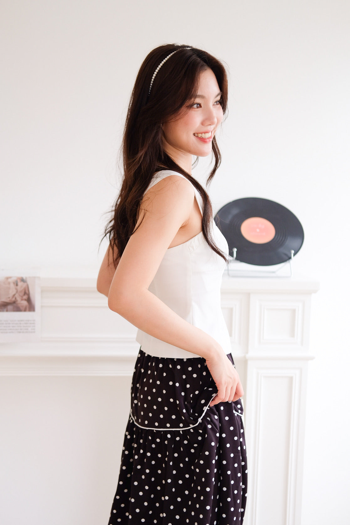 Alva Vintage Contrast A Line Skirt (Polka Black)