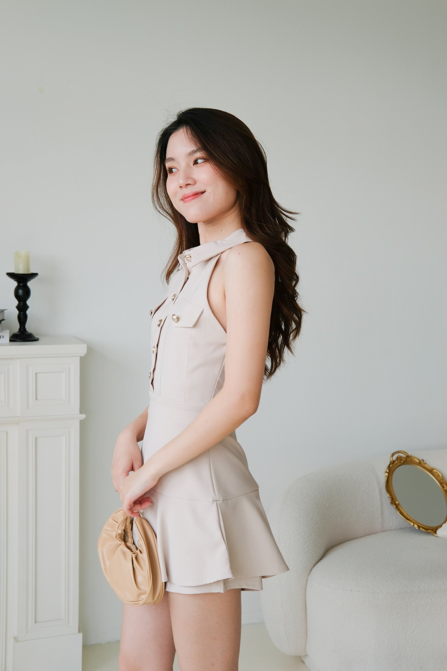 Dionne Gold Button Collared Romper (Oat Beige)