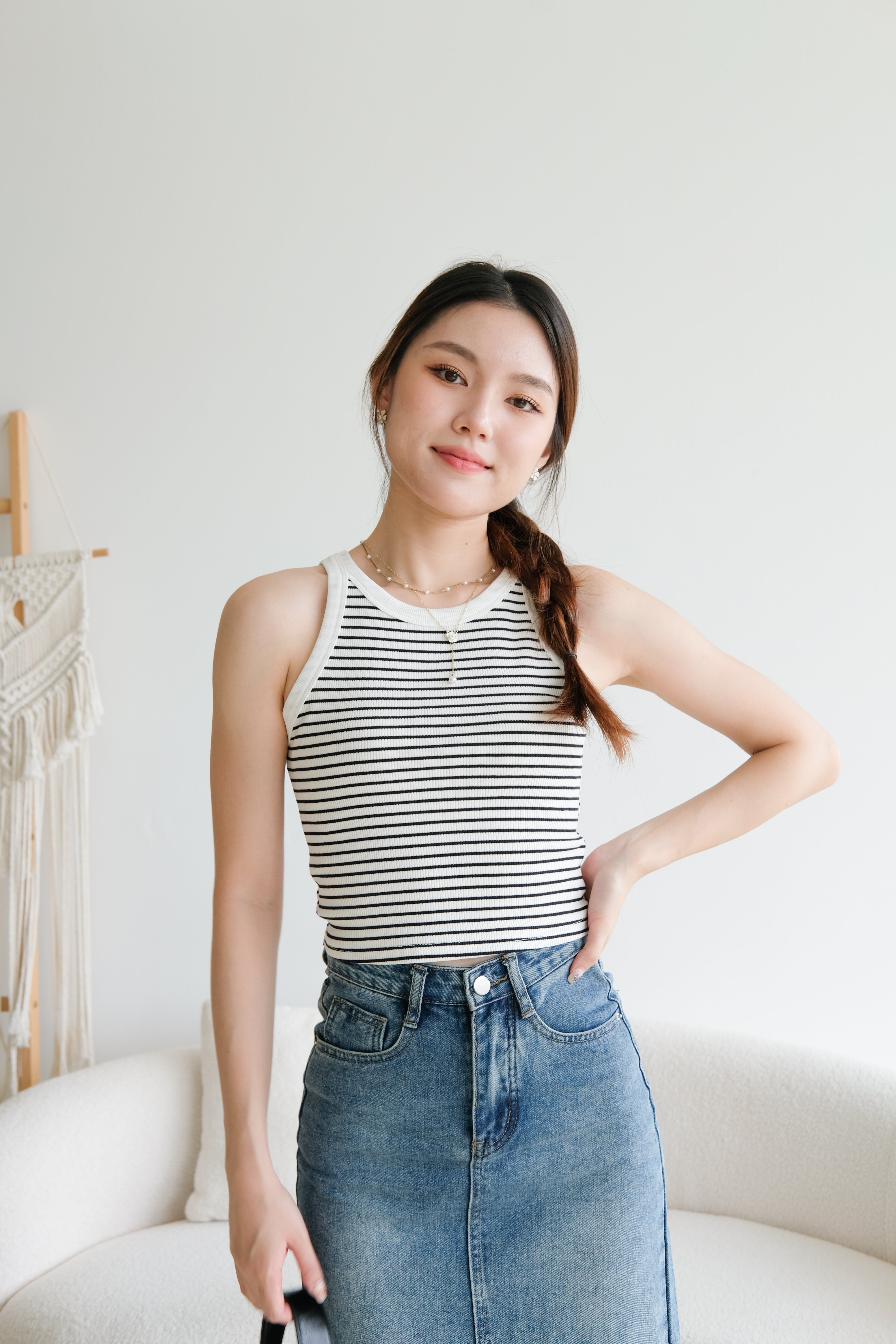 Harper Contrast Halter Crop (White Stripes)