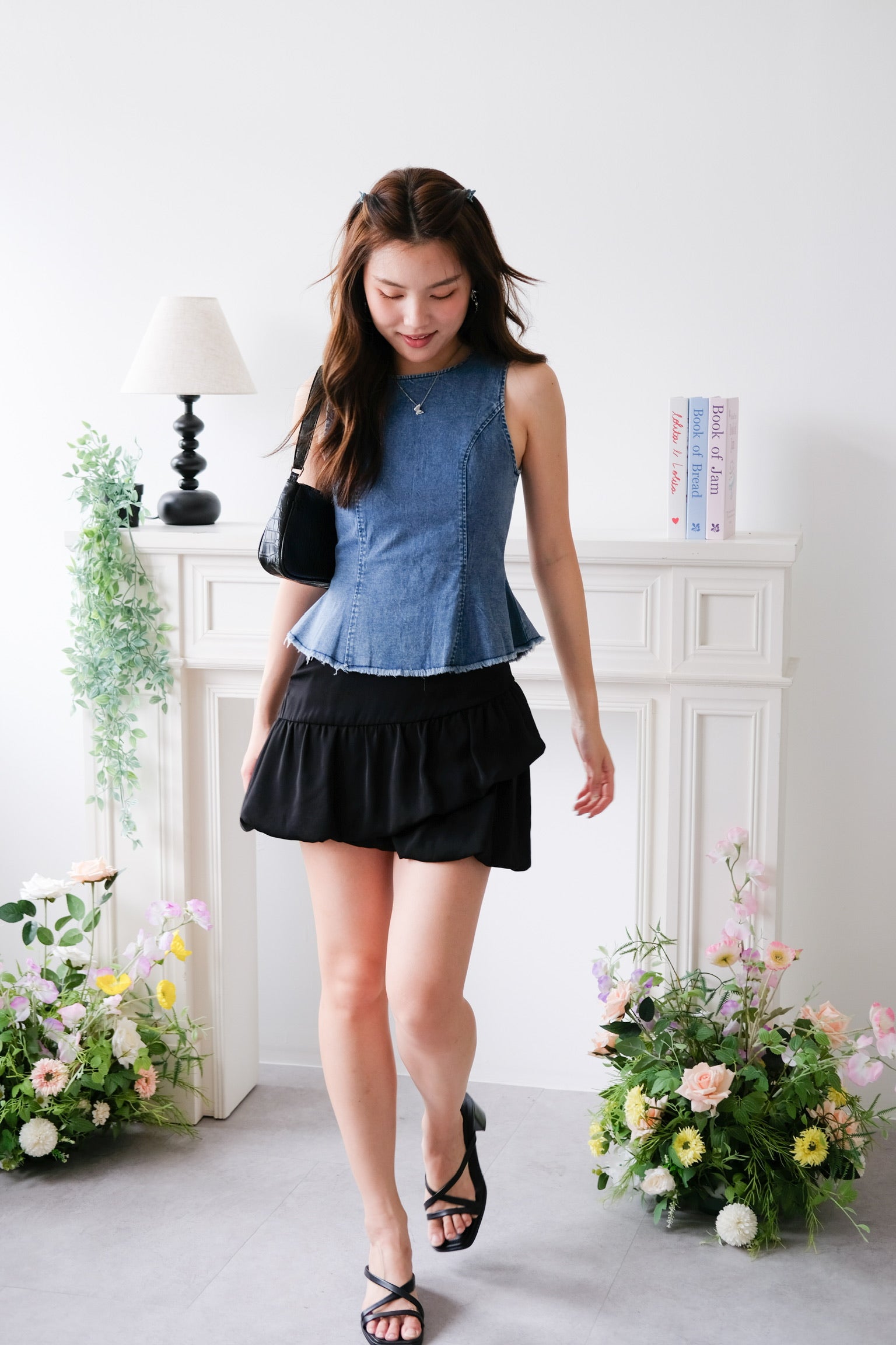 Alda Peplum Denim Top (Medium Blue)