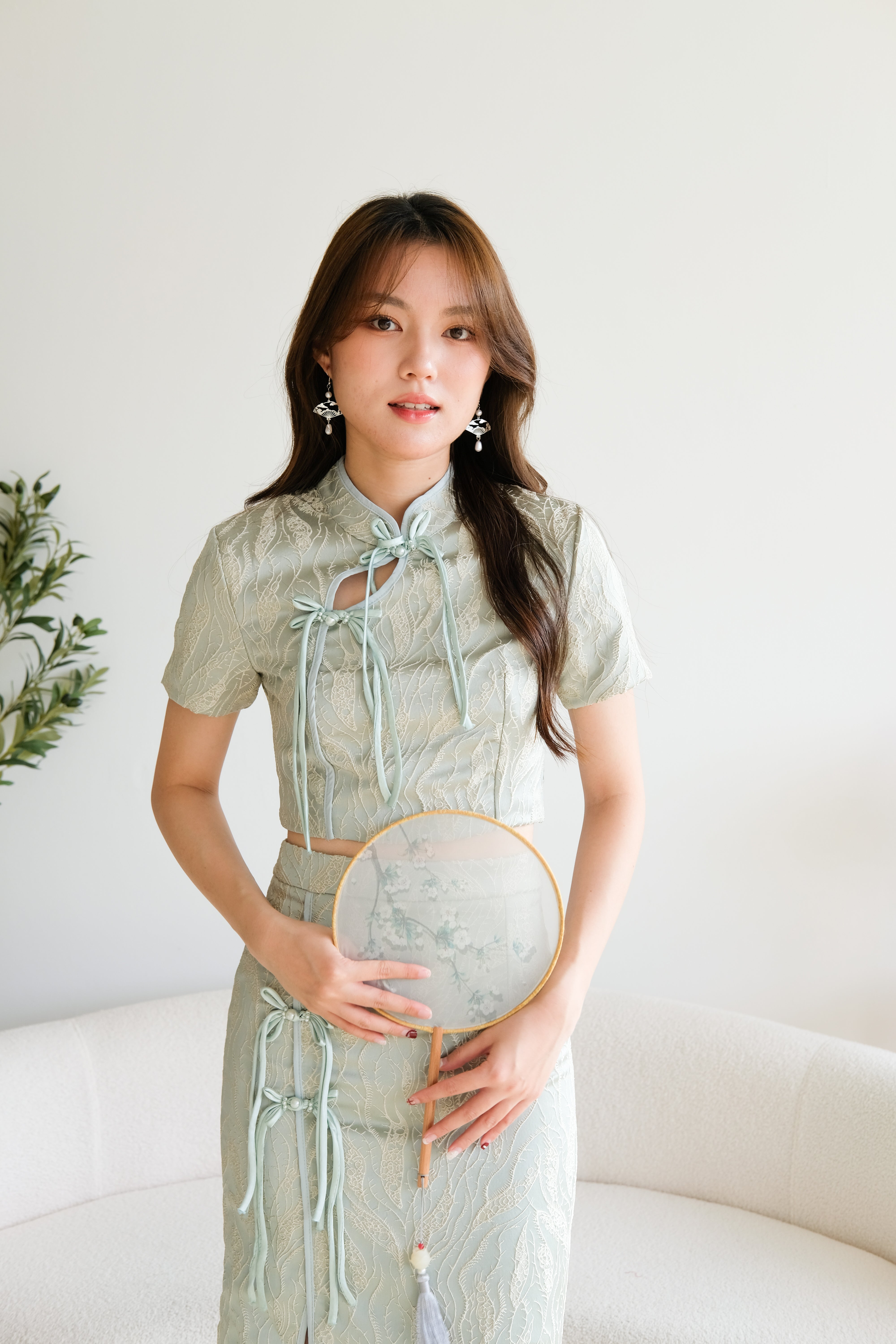 Ying Modern Midi Cheongsam Set (Light Pine Green)