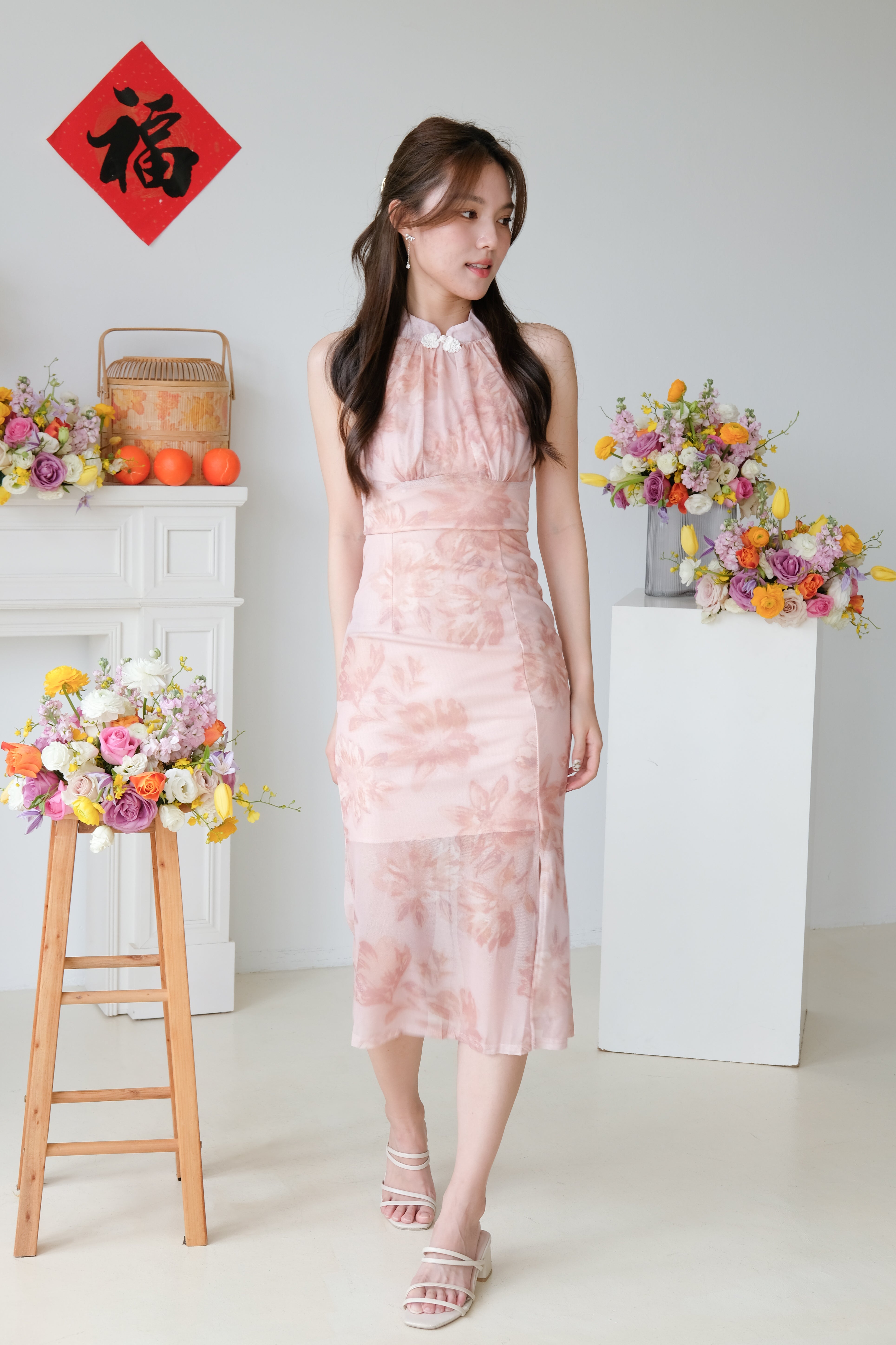 [ETA 16-20 Dec] Ke Ru Ruched Slit Halter Mesh Cheongsam (Nude Pink)