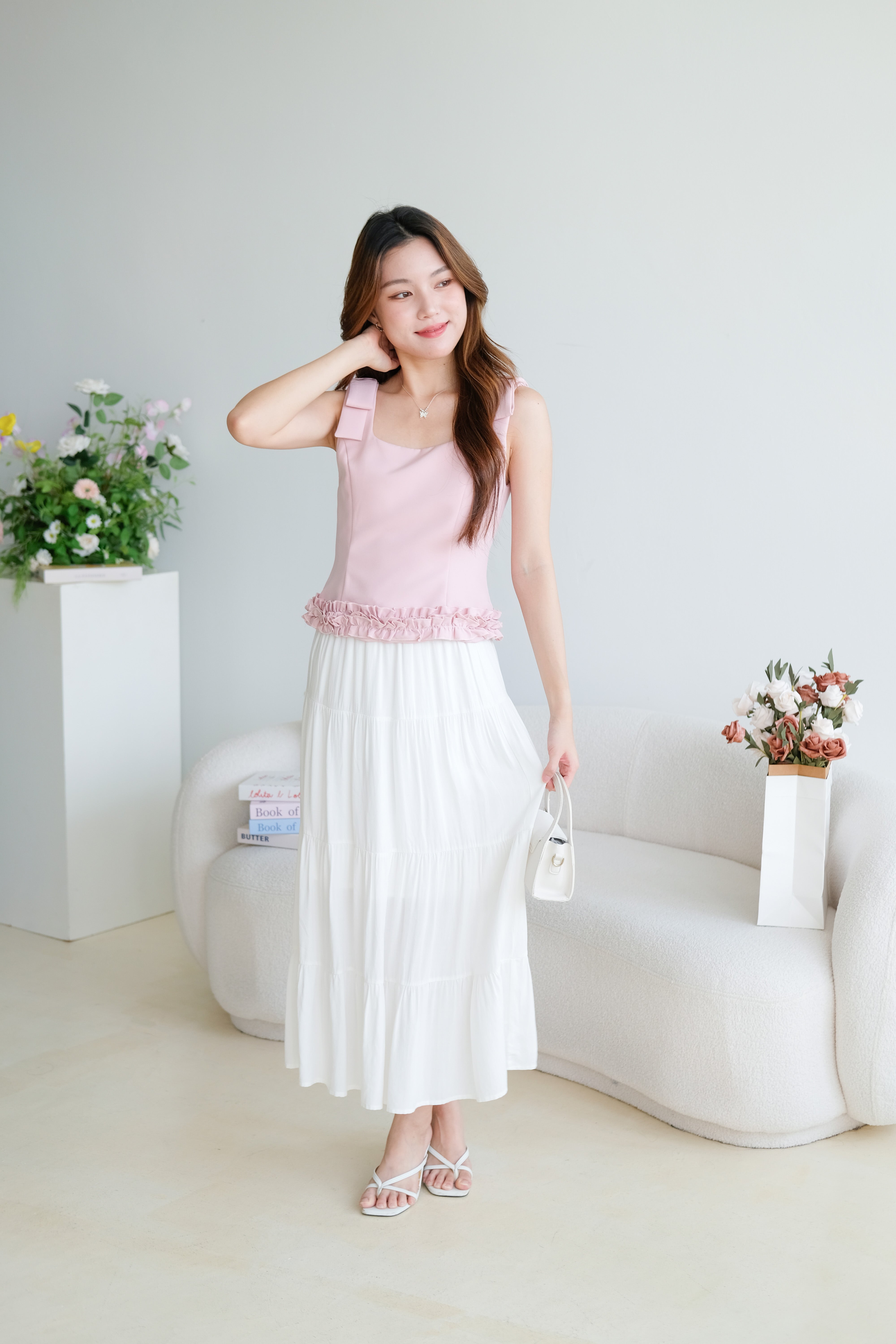 Cecilia Bow Straps Ruffle Top (Dusty Pink)