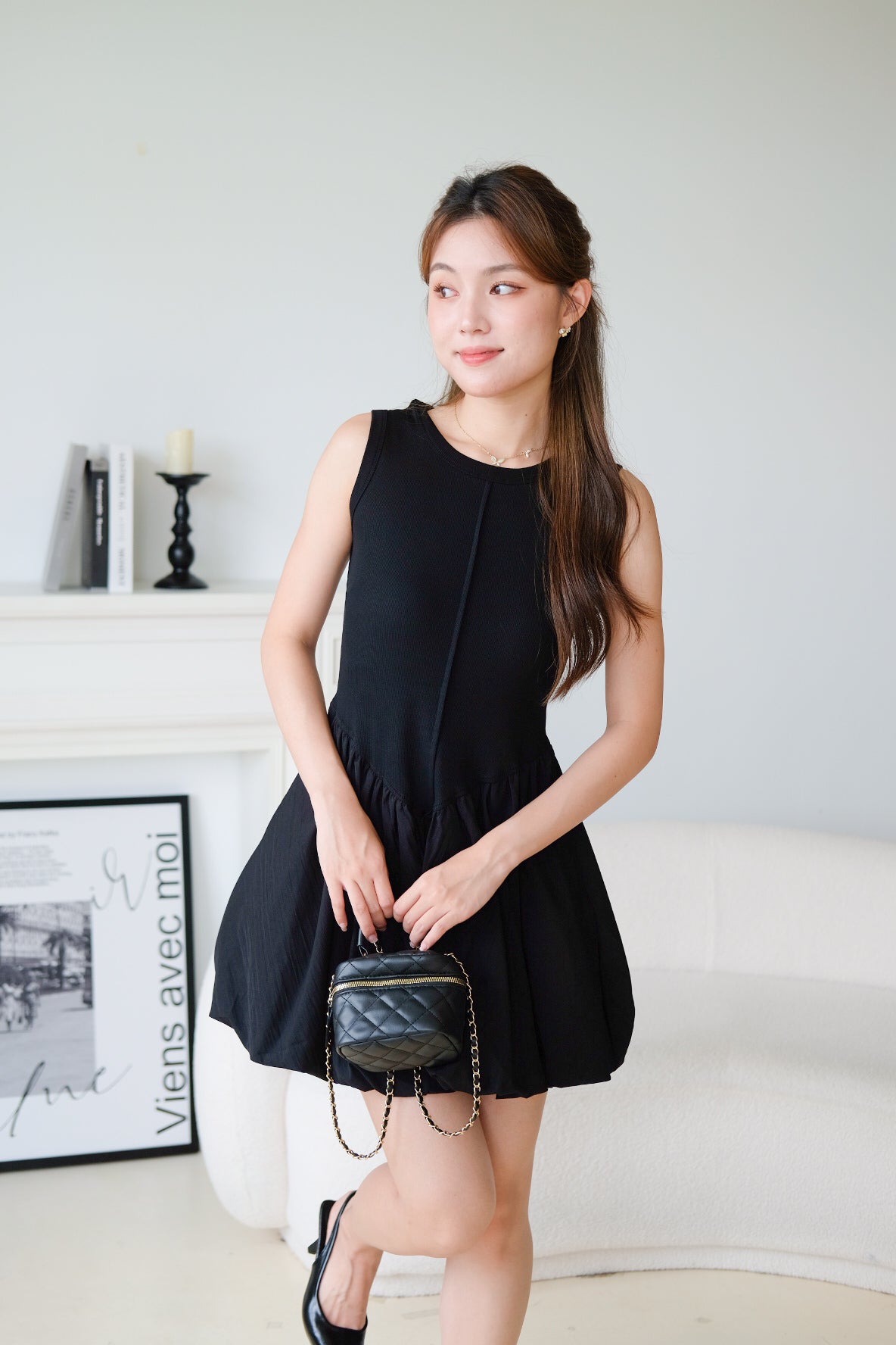 Carmen Ribbed Bubble Dress (Black)