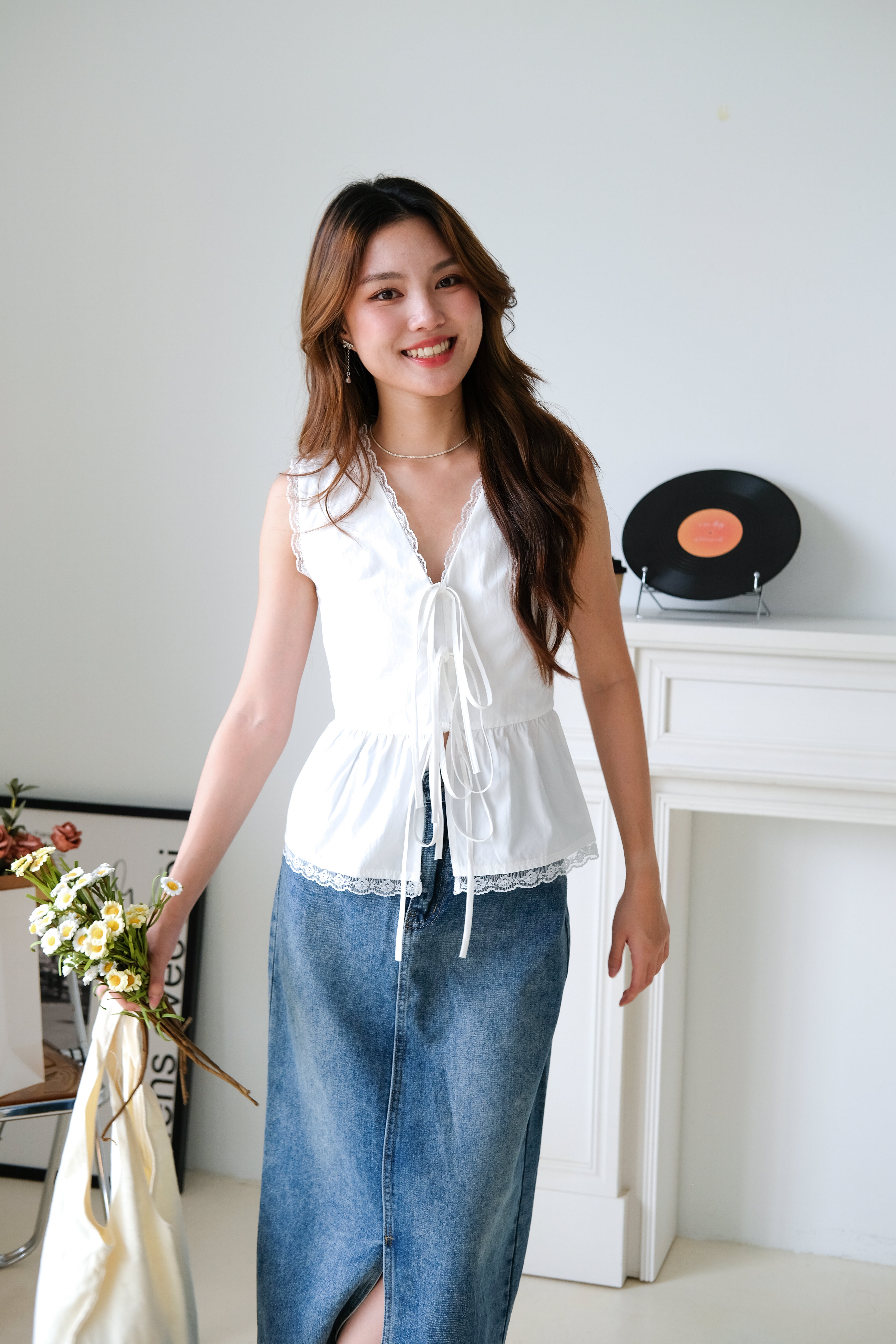 Jeanne Lace Drawstring Peplum Top (White)