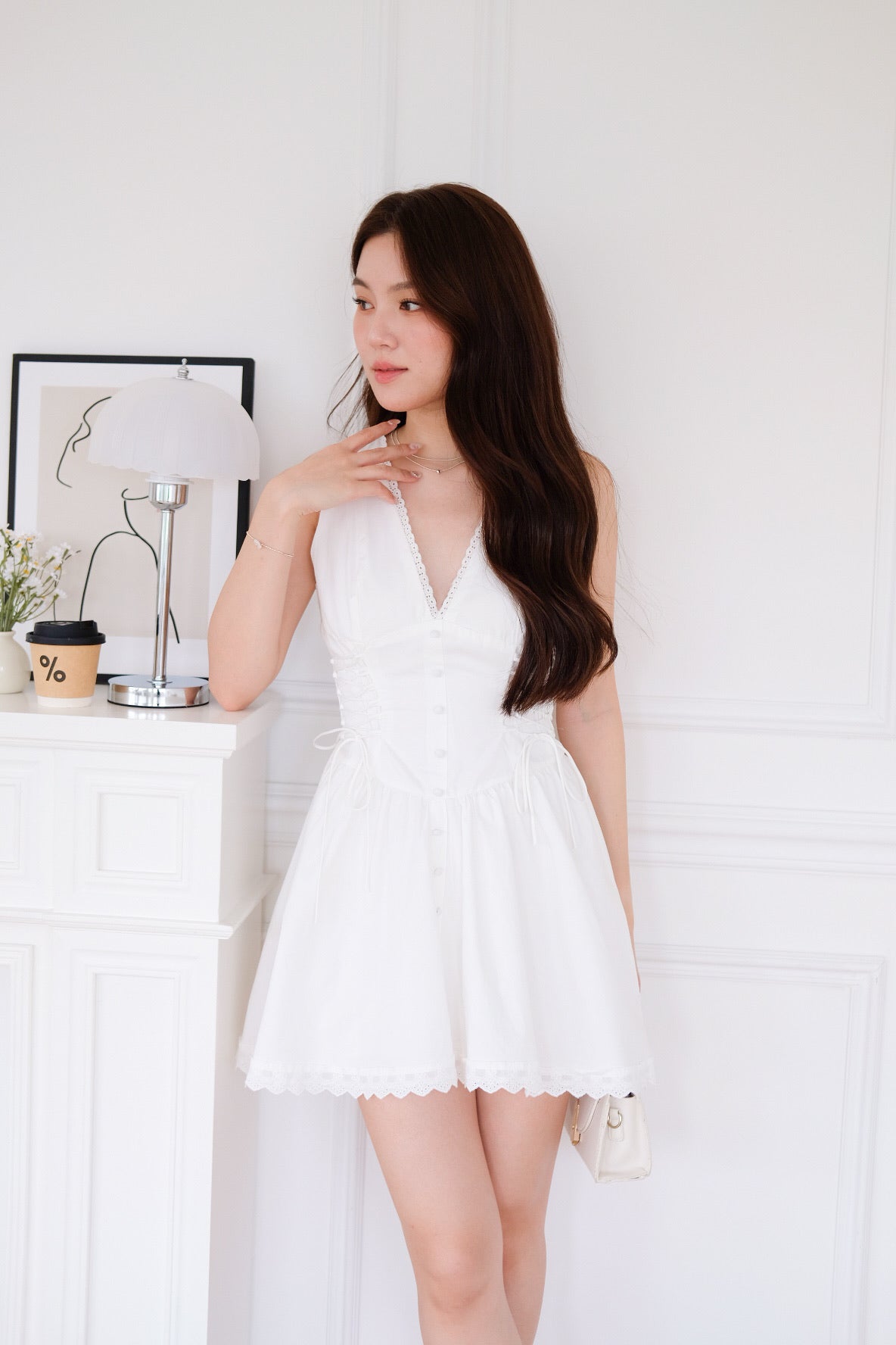 Elaine Lace Up Skater Dress (White) [ETA 10 Sept]