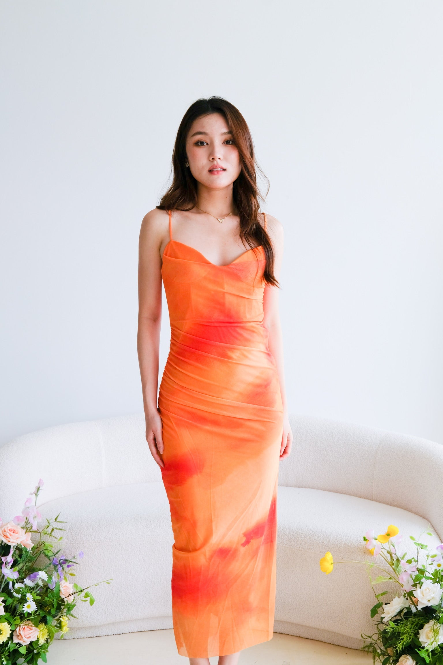 Lindsay Ombre Cowl Mesh Dress (Tangerine)