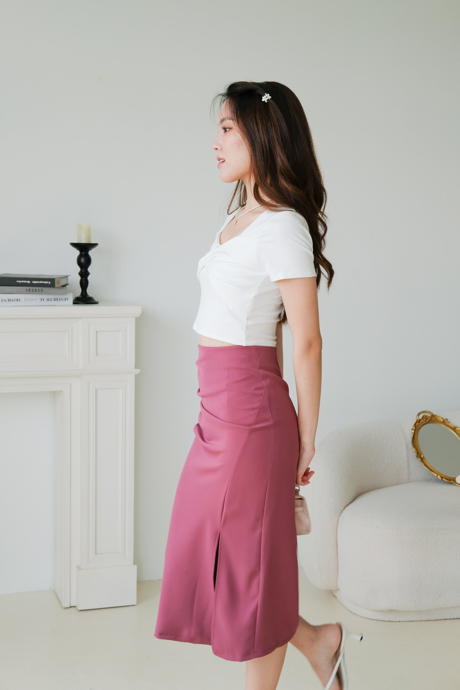 Adaline Ruched Side Slit Midi Skirt (Rouge Pink)