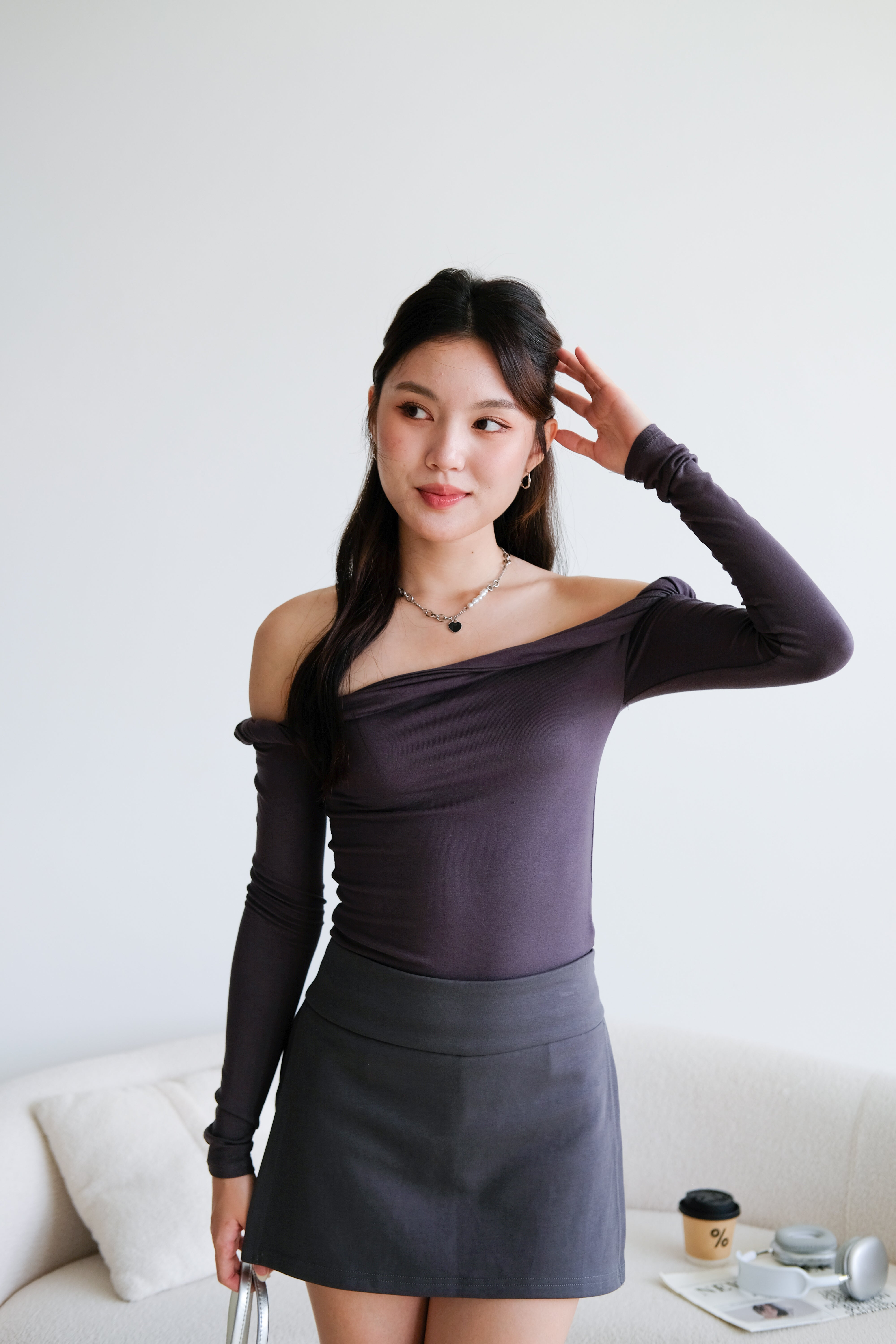 Level Up Twist Off Shoulder Top (Steel Grey)