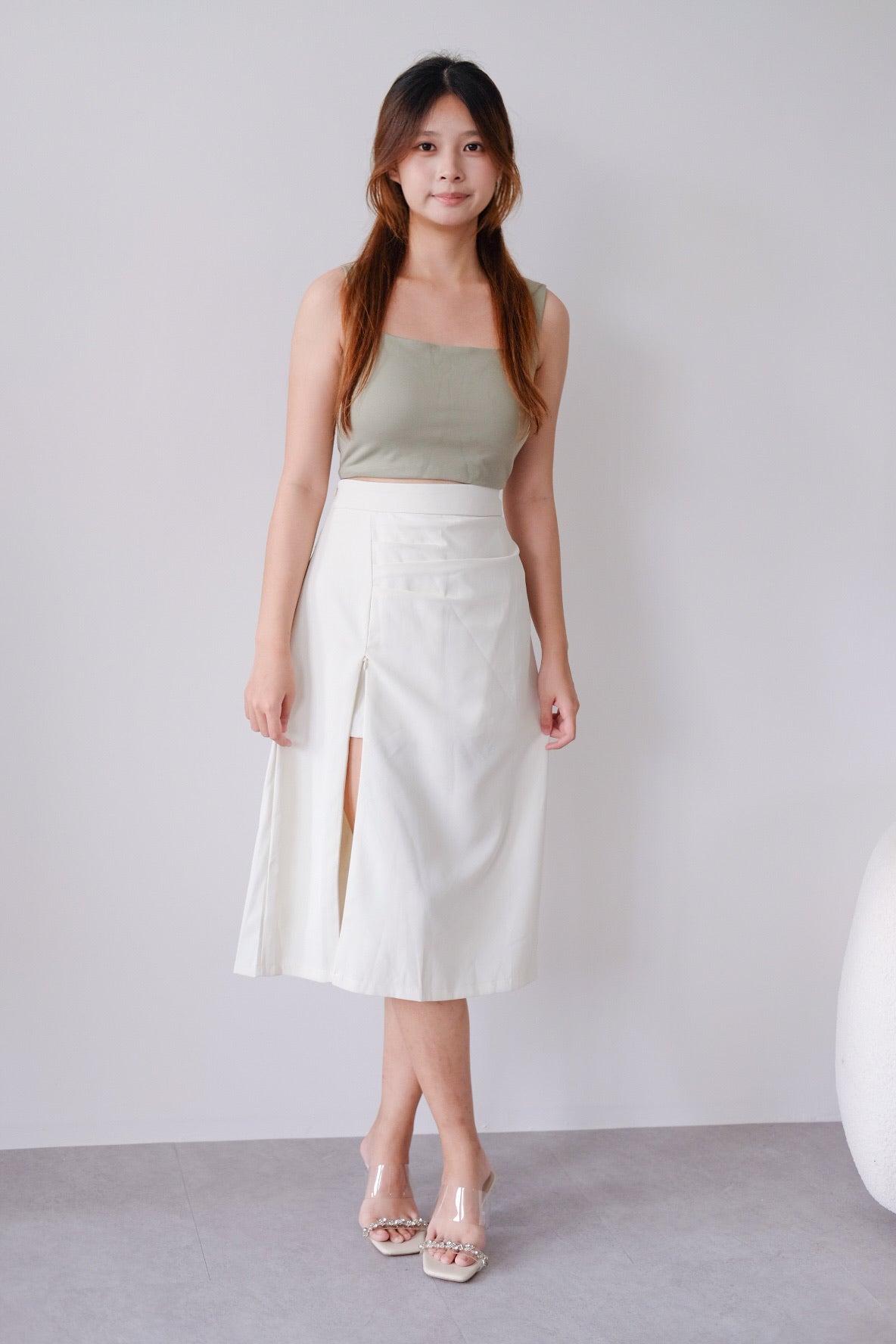Cream Side Ruched Midi Skirt