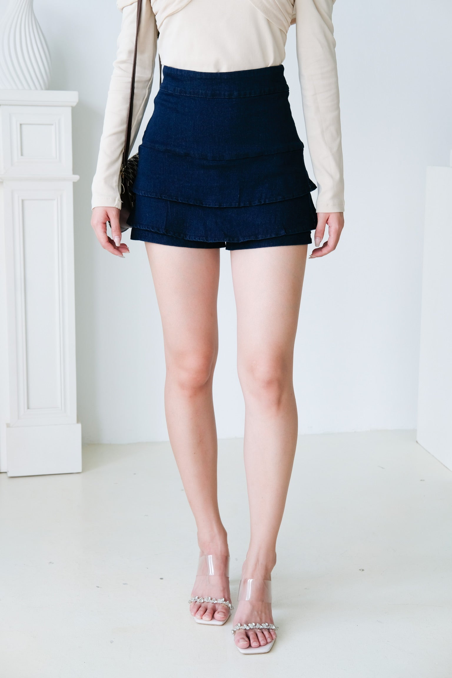 Zyla Layered Denim Skorts (Dark Blue)