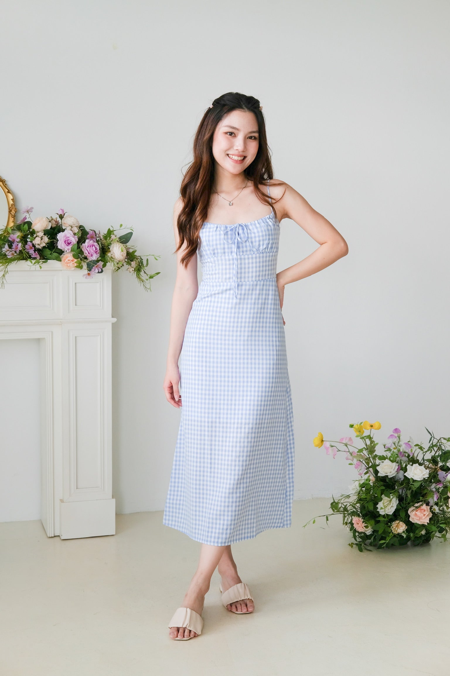 Veronnie Ruched Plaid Midi Dress (Blue)