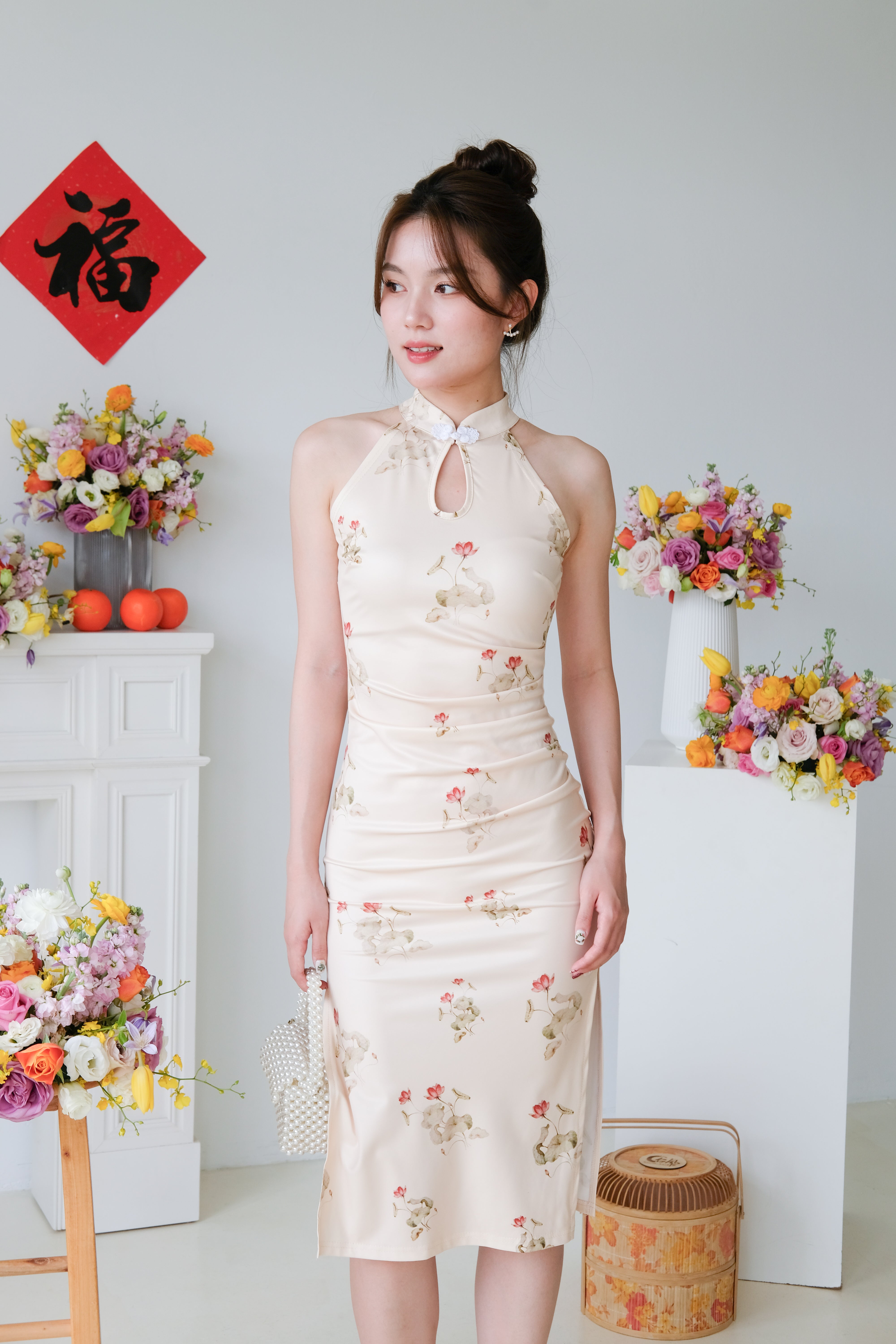 Hua Halter Slit Midi Cheongsam (Yellow)