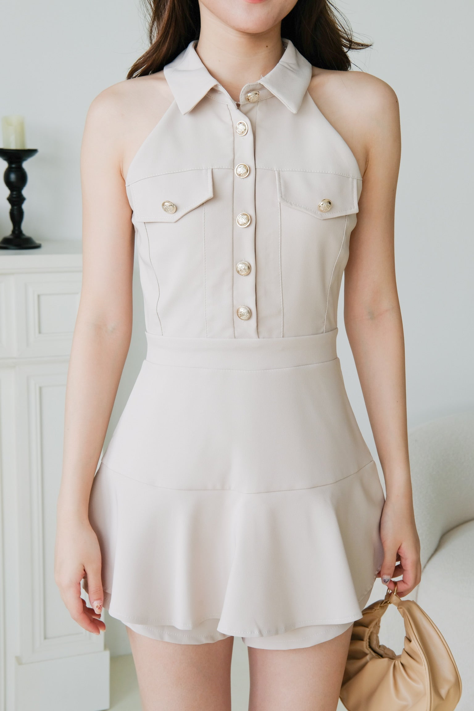 Dionne Gold Button Collared Romper (Oat Beige)