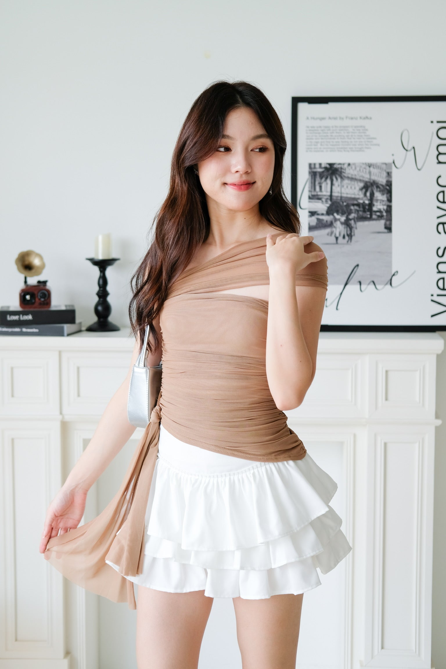 Vesper Toga Bodycon Chiffon Top (Khaki)