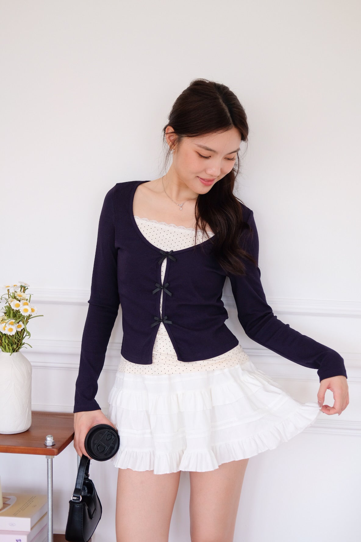 Ahyeon Contrast Polka Long Sleeve Top (Navy Blue)