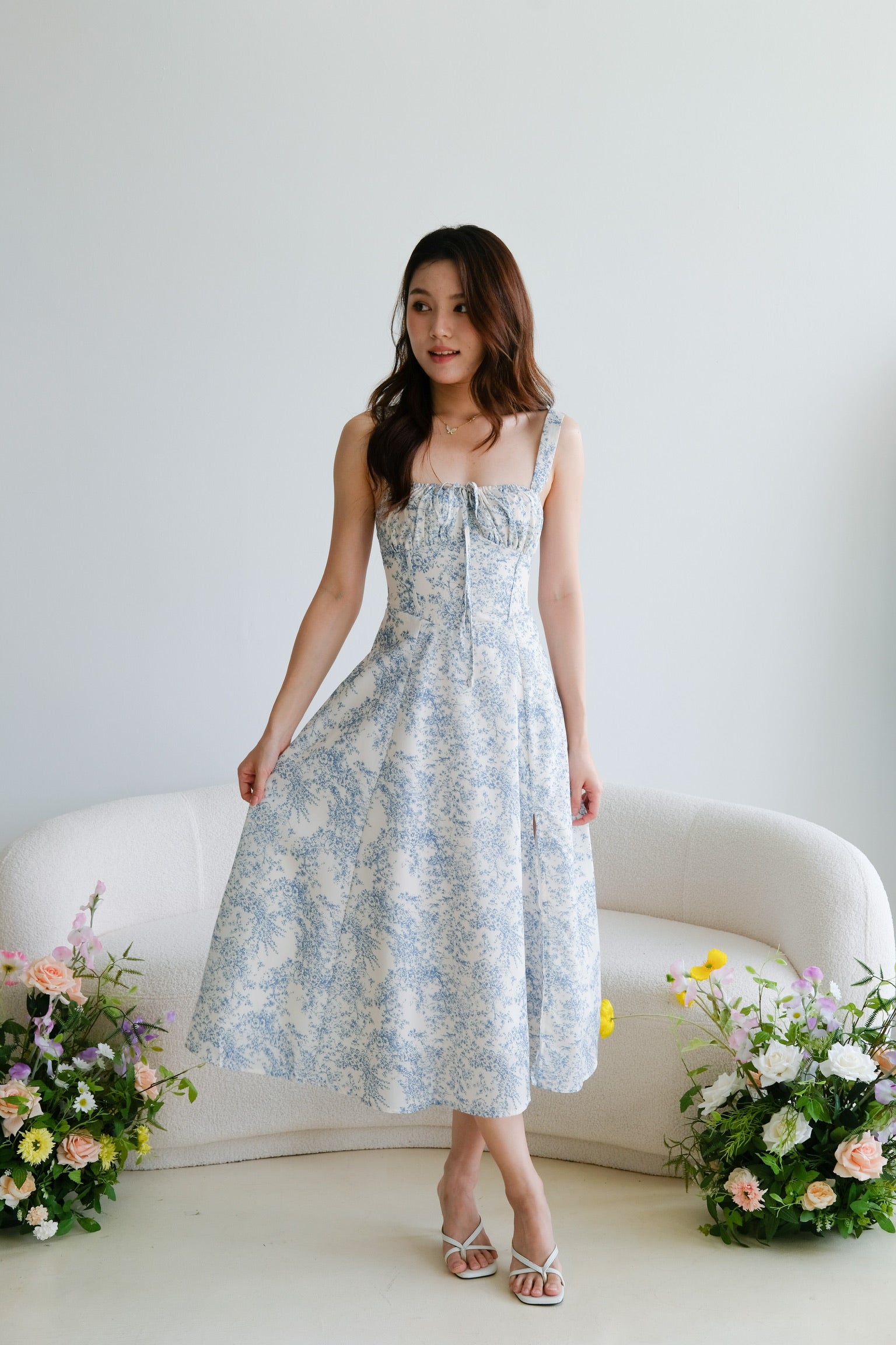 Maisy Ruched Porcelain Maxi Dress (Sky Blue)