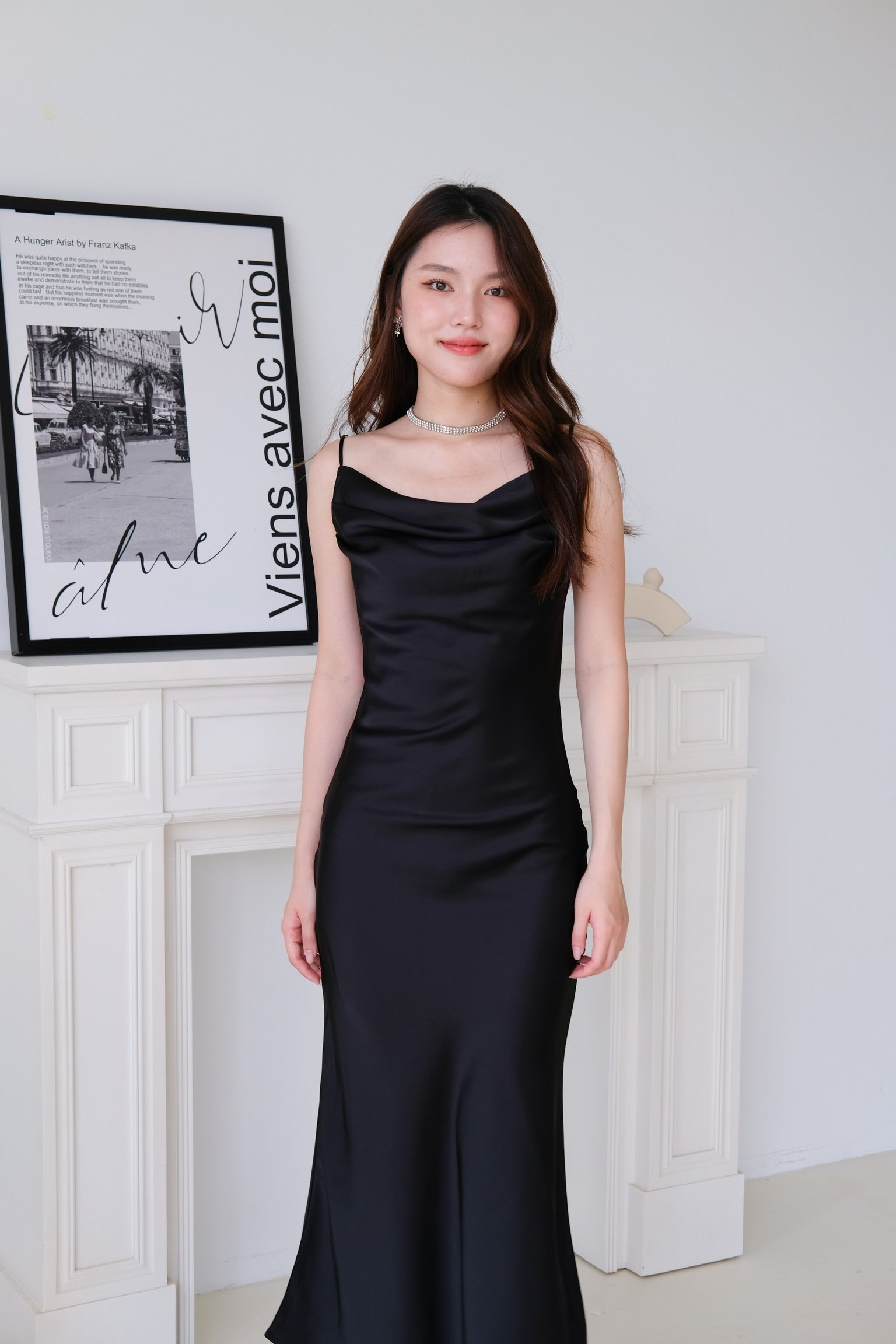 Victoria Cowl Satin Bareback Maxi Dress (Black)