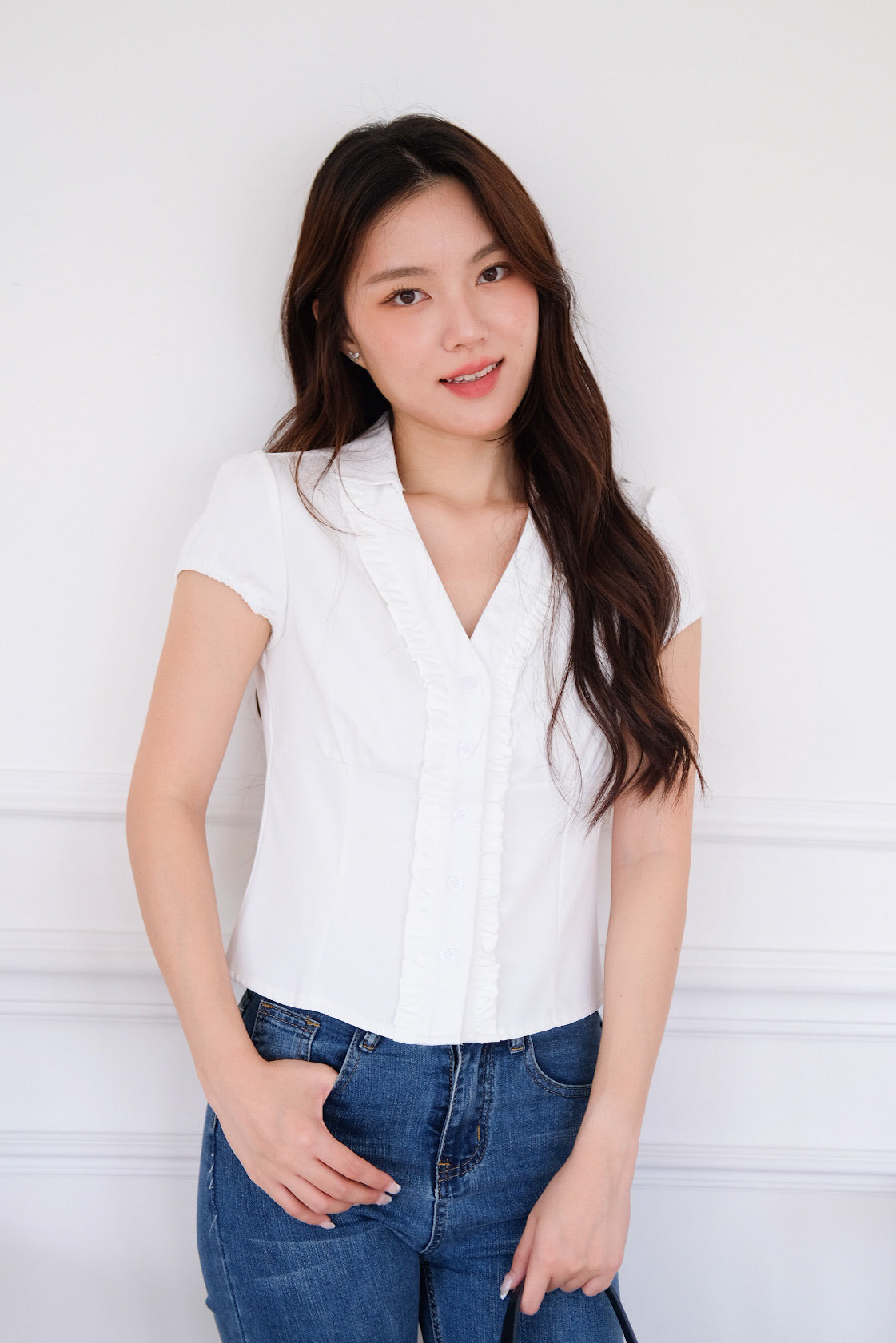 Marais Collared Ruffle Blouse Top (White)
