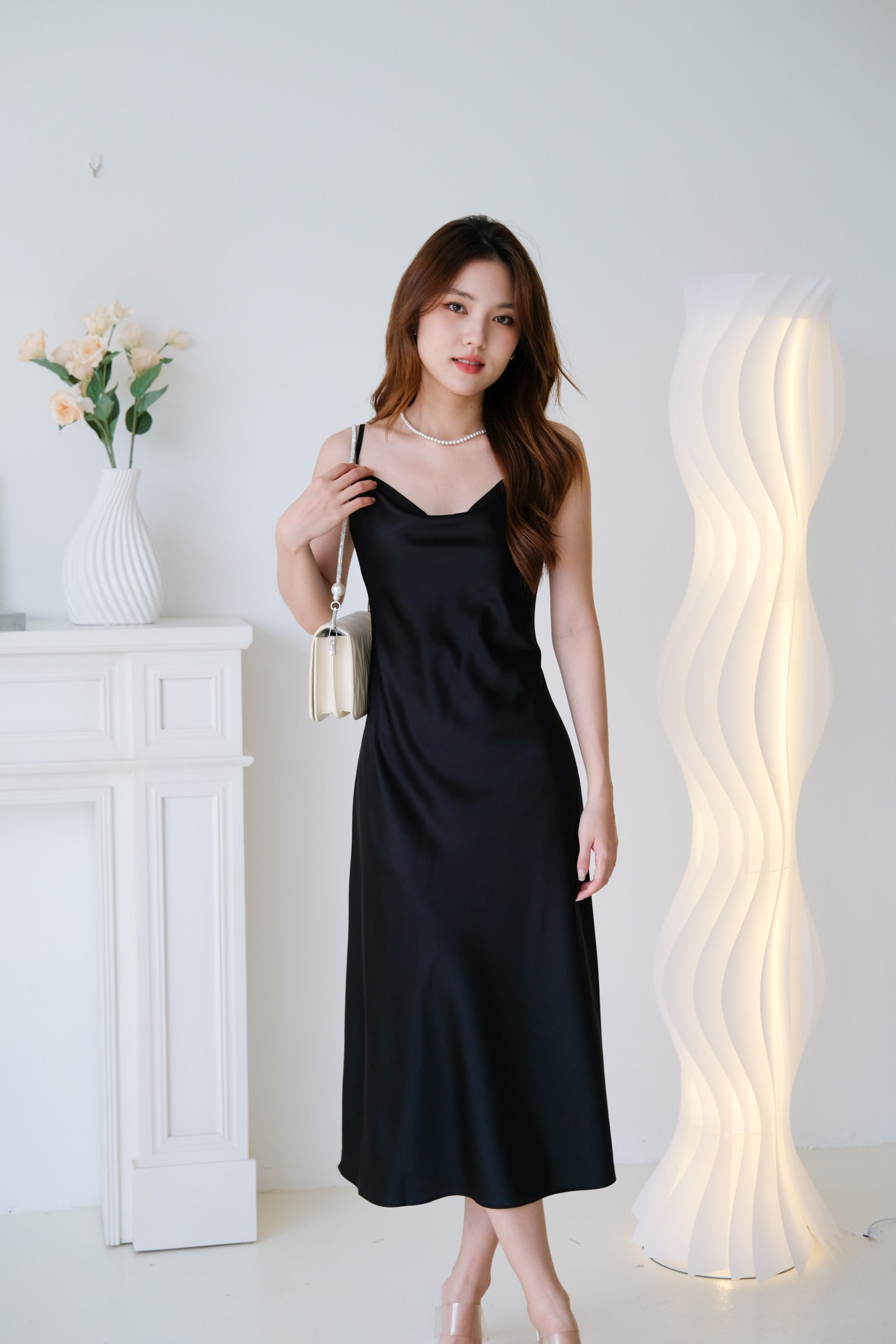 Elara Draped Satin Slip Dress (Black)