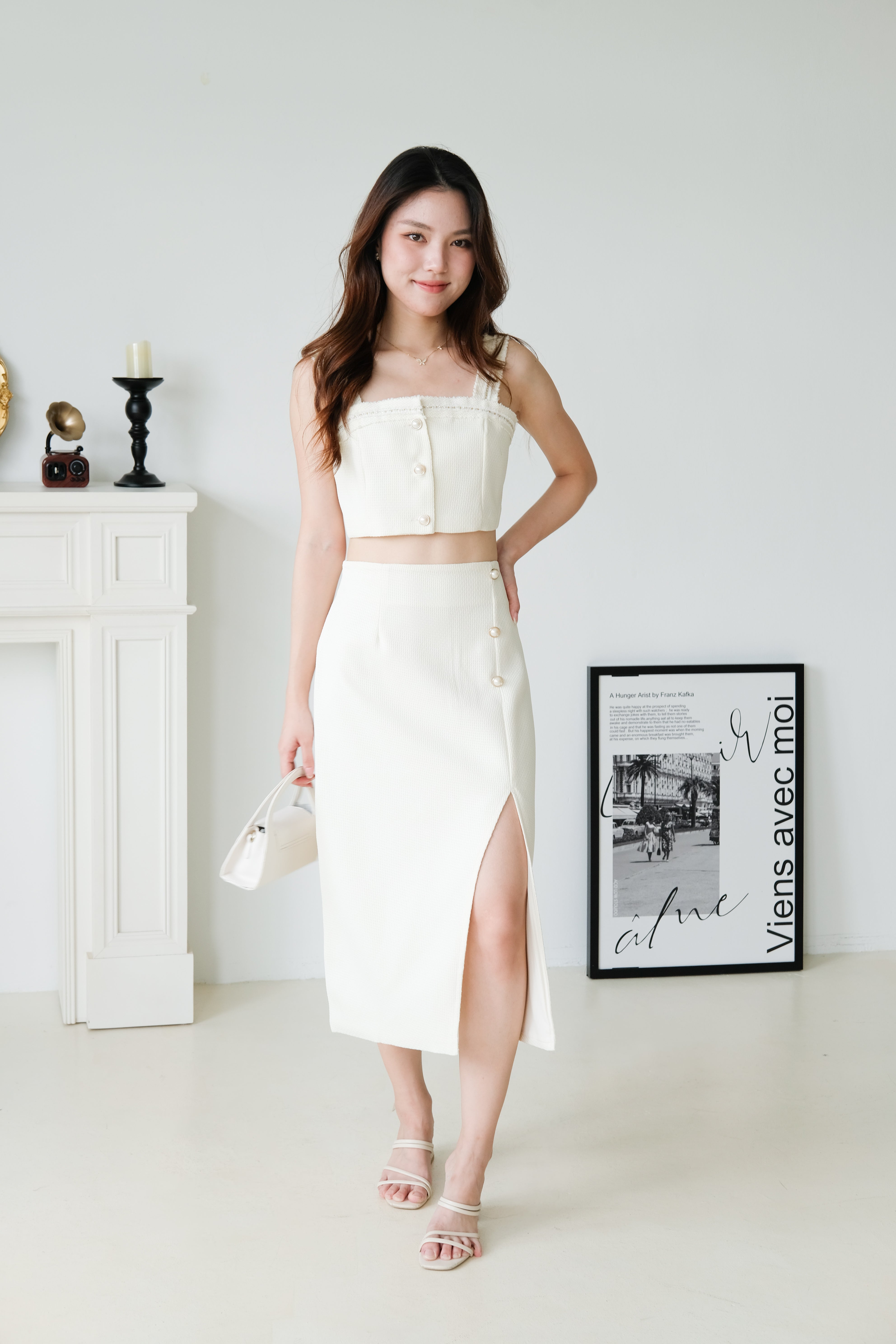 Jillian Tweed Side Slit Midi Set (Cream)