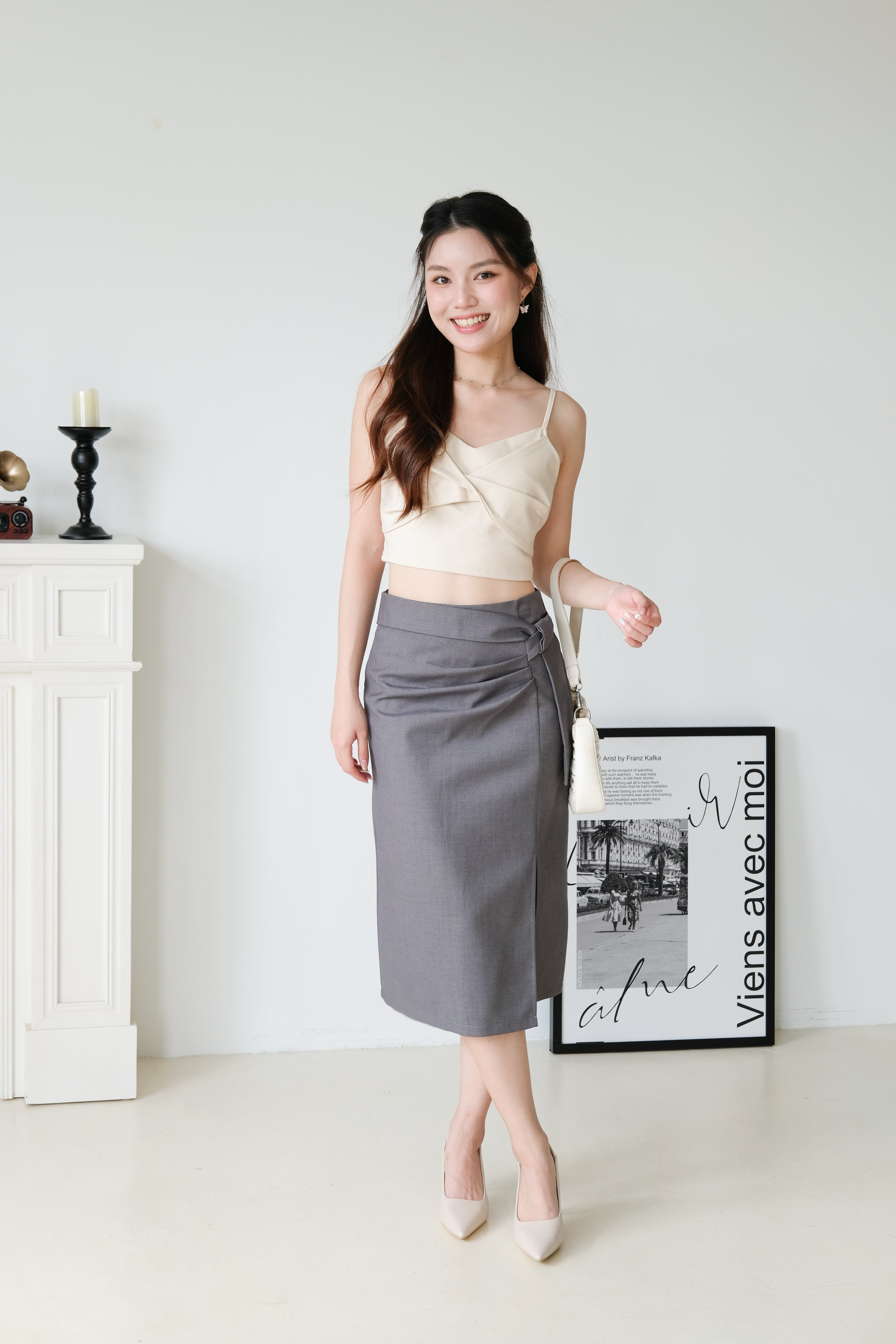 Addie Side Ruched Pencil Skirt (Grey)