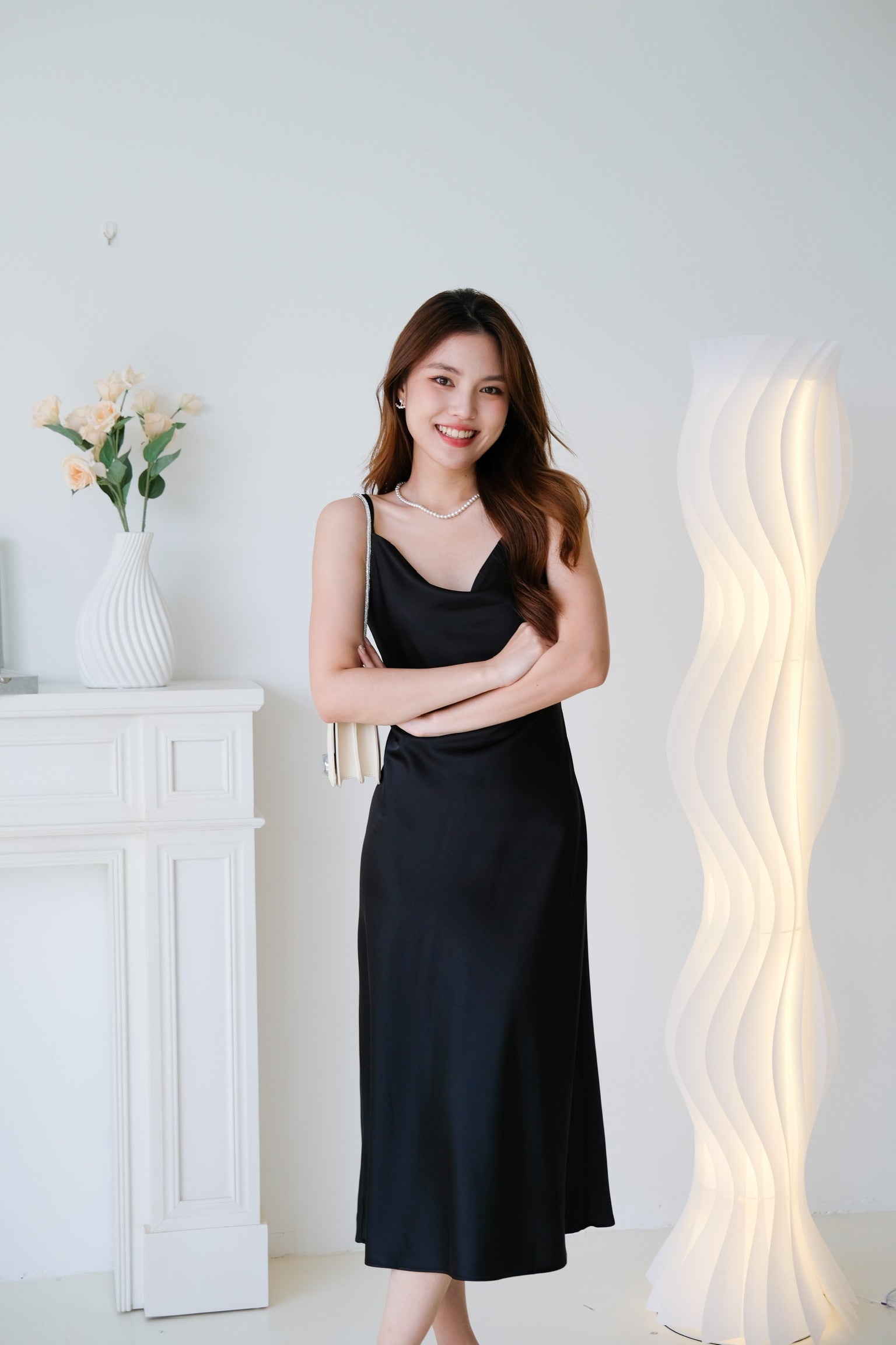 Elara Draped Satin Slip Dress (Black)