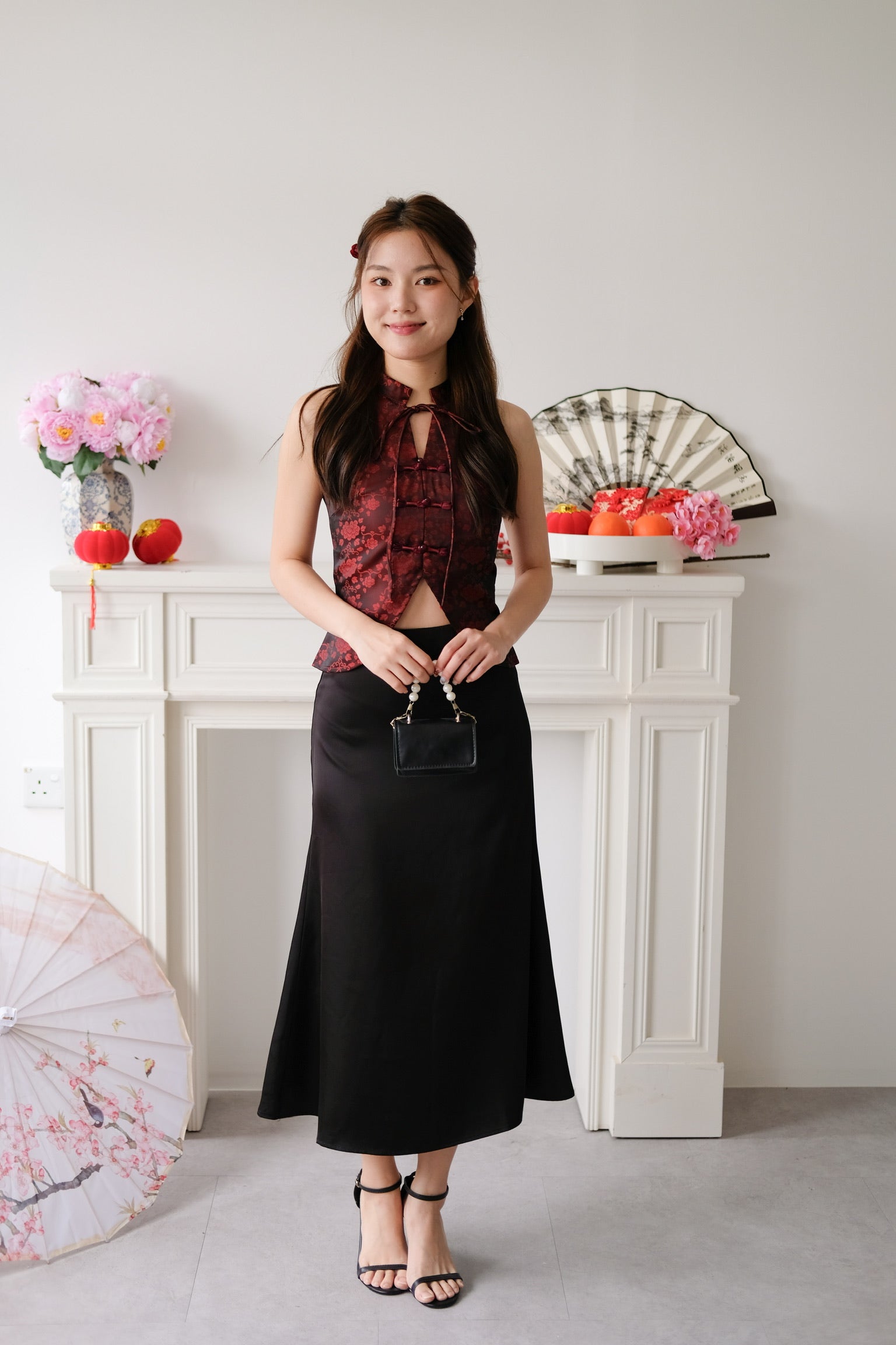 Ning Xia Ribbon Cheongsam Top (Wine)