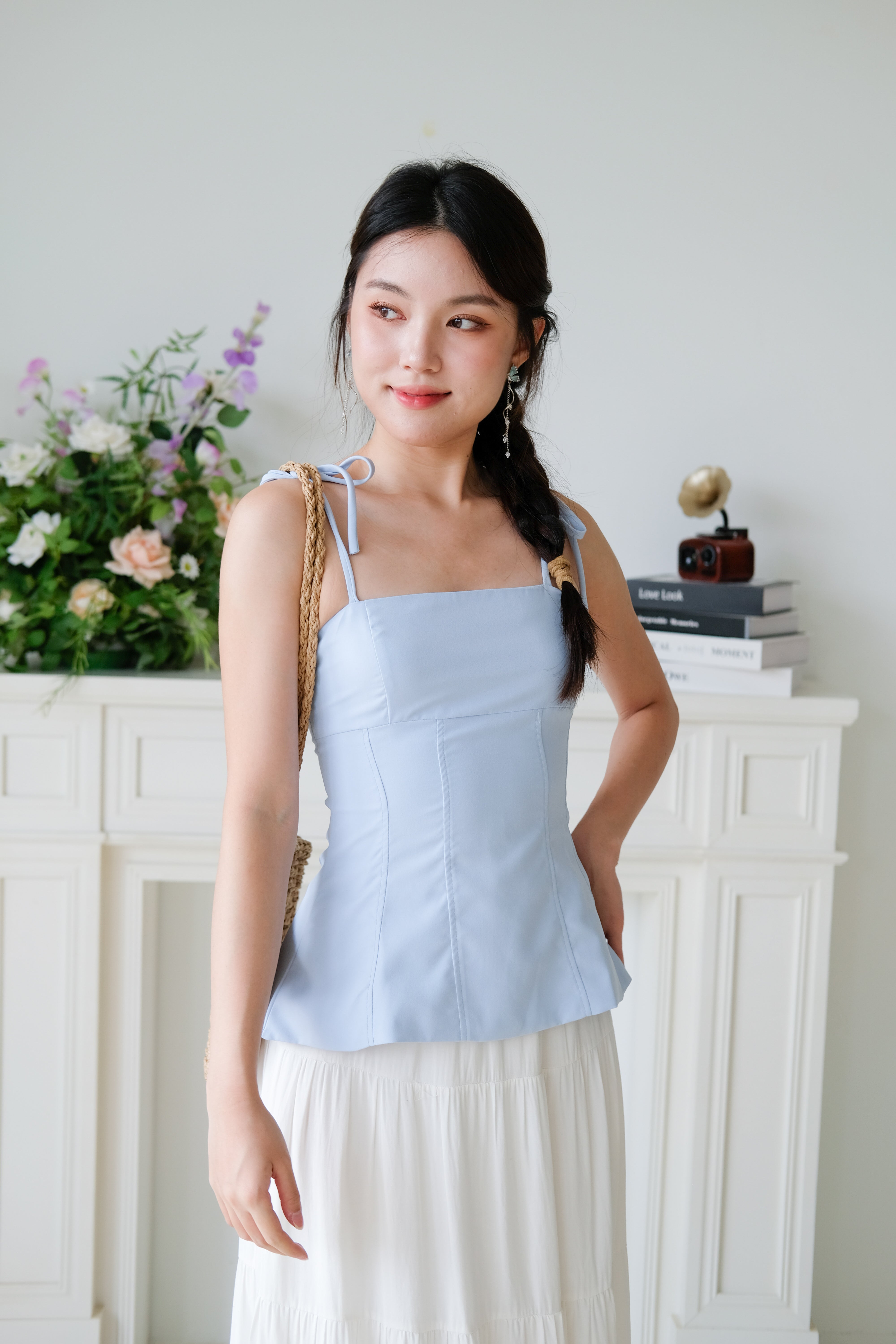 Marilyn Self Tie Ribbon Top (Plain Blue)