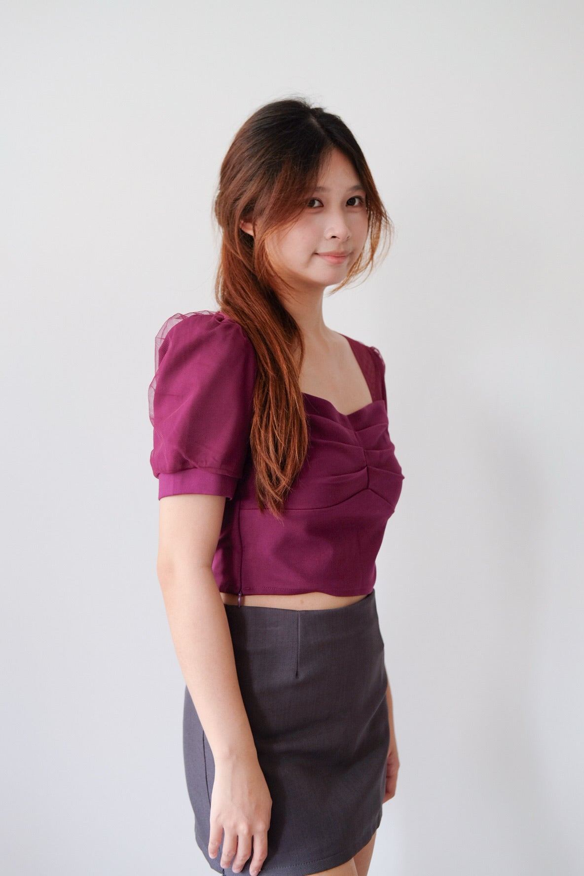 Purple Ruched Puff Sleeve Top