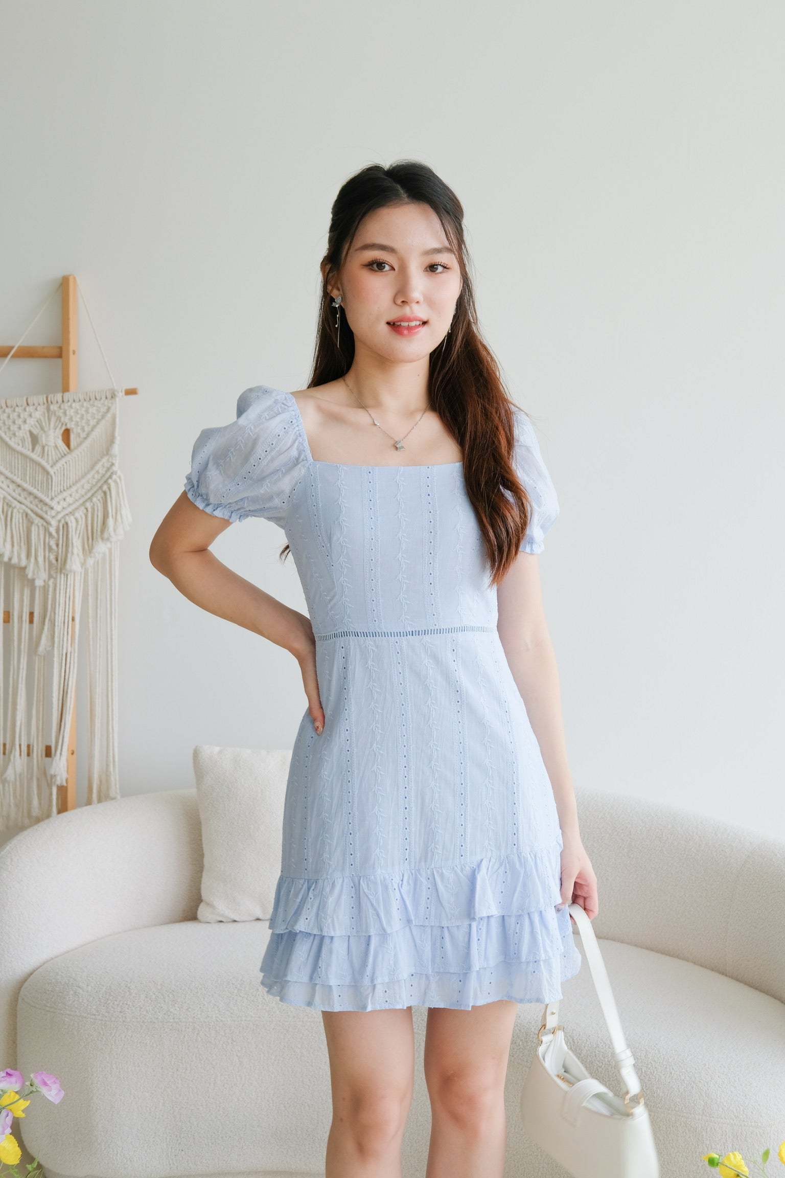 Evelyn Eyelet Ruffle Dress (Sea Blue)